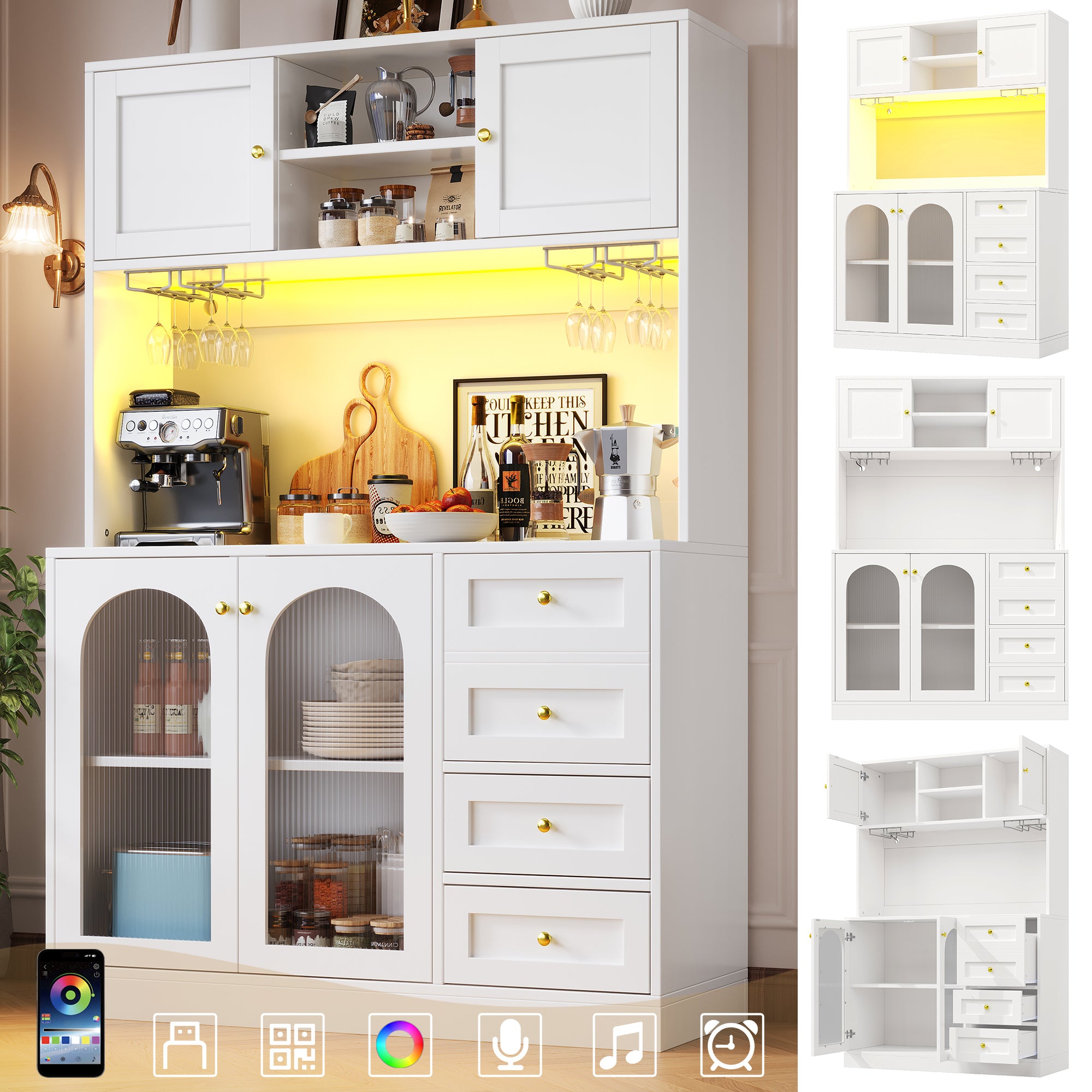 Sideboard Buffet Cabinet with LED Lighting and Fluted Glass Doors, Black and White