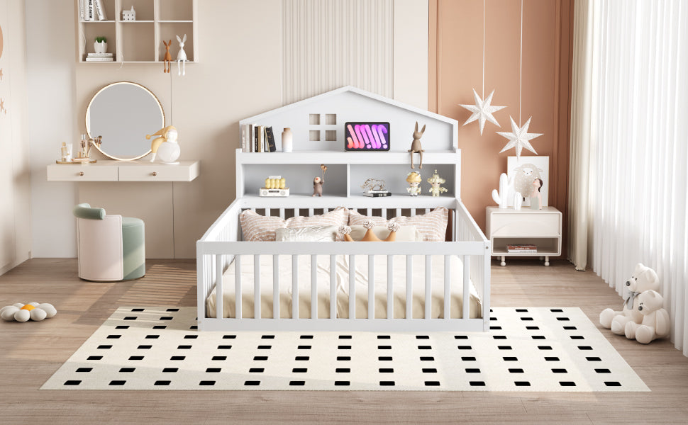 Children's Bed 140x200, Solid Wood House Frame with Shelves & Storage, White