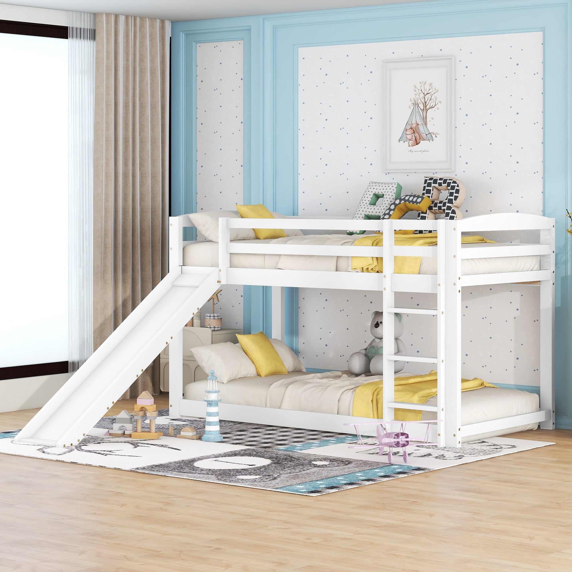 Bunk Bed with Slide, Solid Wood Frame, Easy Assembly, 90x200cm, White
