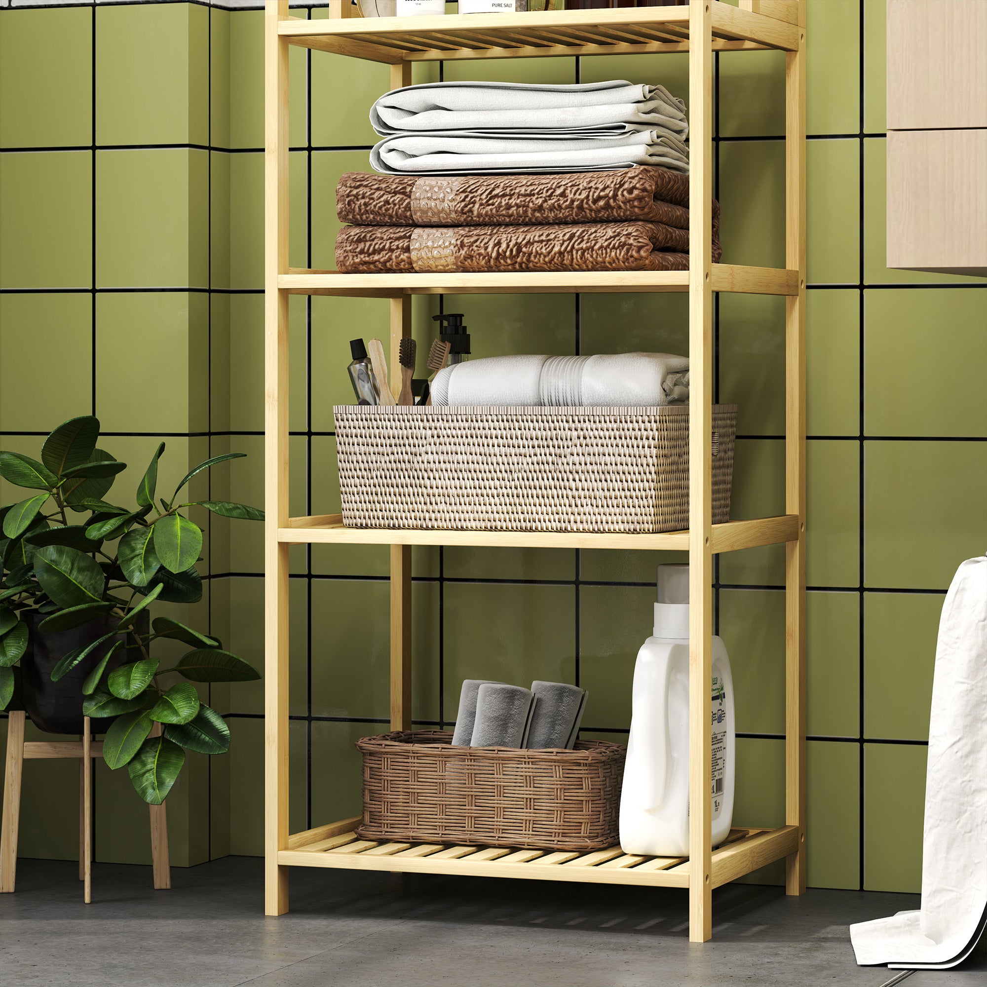 Bathroom Shelf, 7-Tier Storage Rack, Natural Bamboo