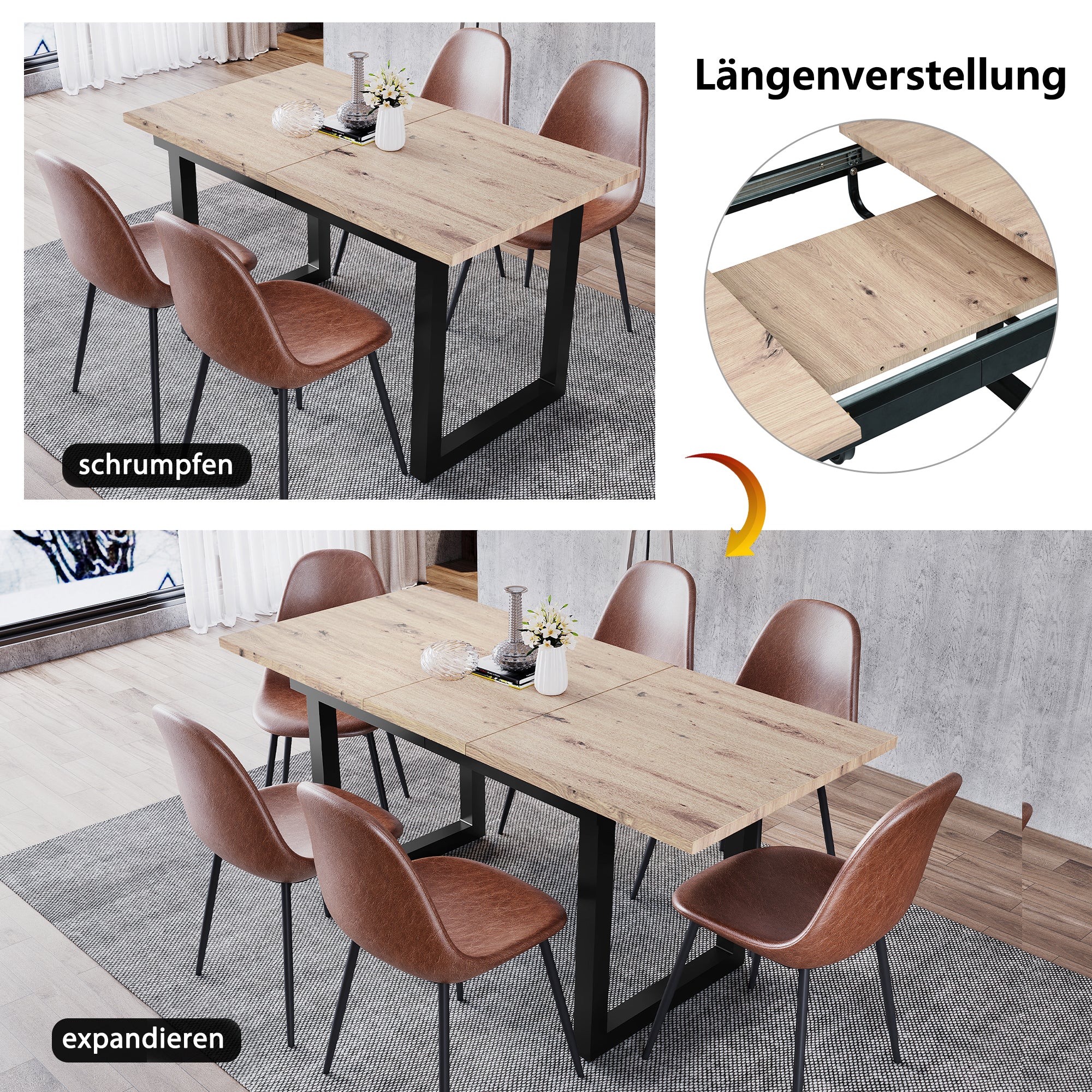 Extendable Dining Table 140/180cm Rectangular Industrial Foldable - Oak Look/Black