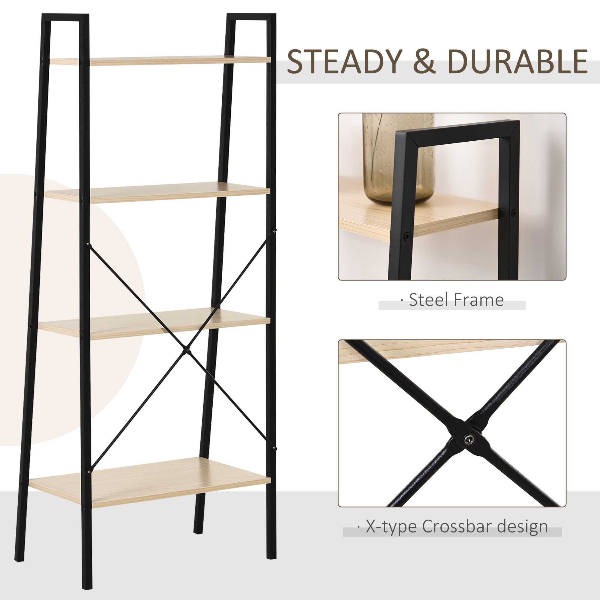 Ladder Shelf Bookshelf 4-Tier Industrial Storage Rack, Oak and Black