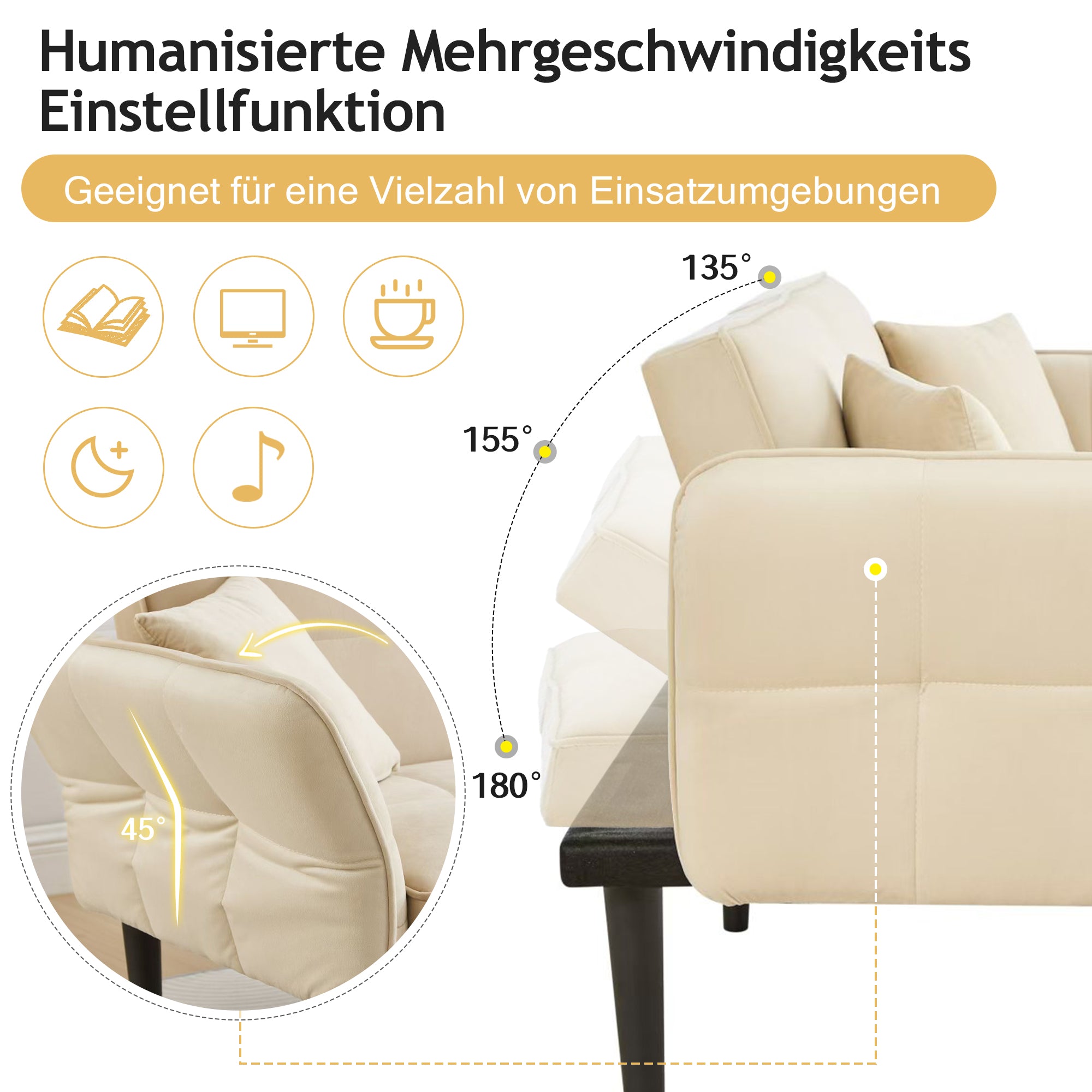 2-in-1 Adjustable Sofa Bed, Two-seater with Folding Armrests and Sleeping Function, Velvet
