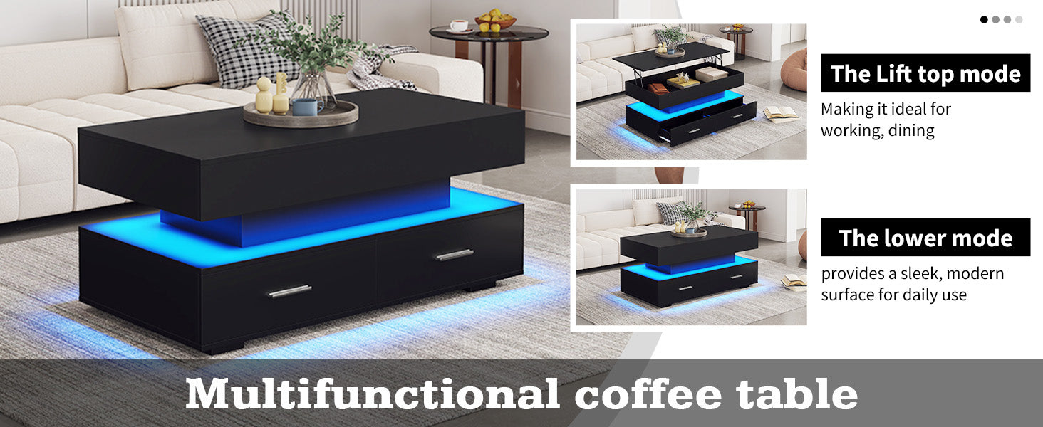 Coffee Table, Hydraulic Height-Adjustable with LED & Bluetooth, 2 Drawers, Black