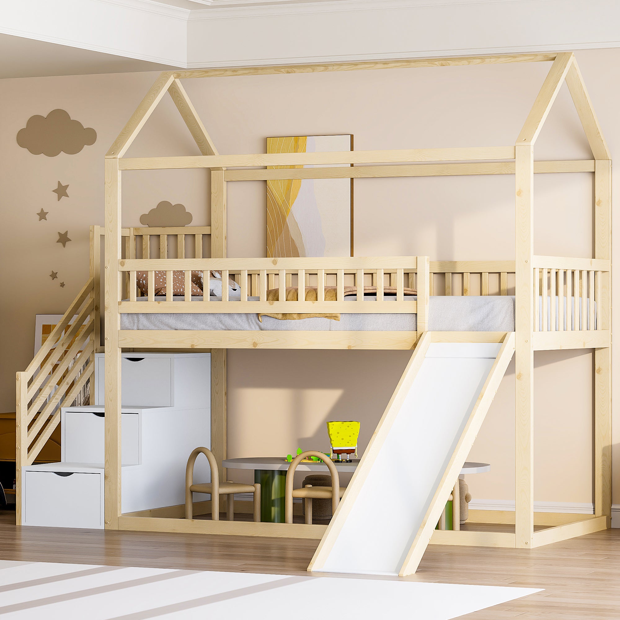 Children's Bunk Bed 90x200cm, Loft with Slide & Storage Ladder, Solid Wood