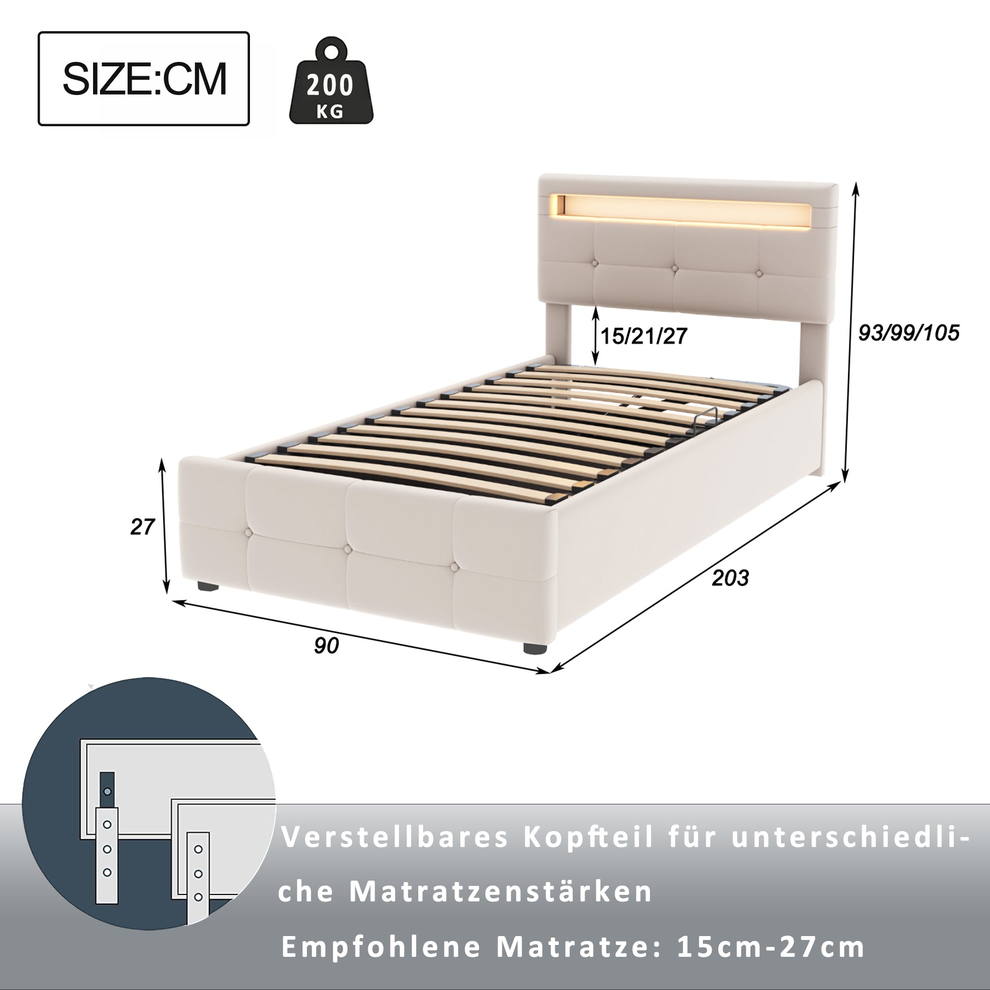 Upholstered Children's Bed 90x200cm, LED, Hydraulic Storage, Adjustable Headboard, Velvet Beige