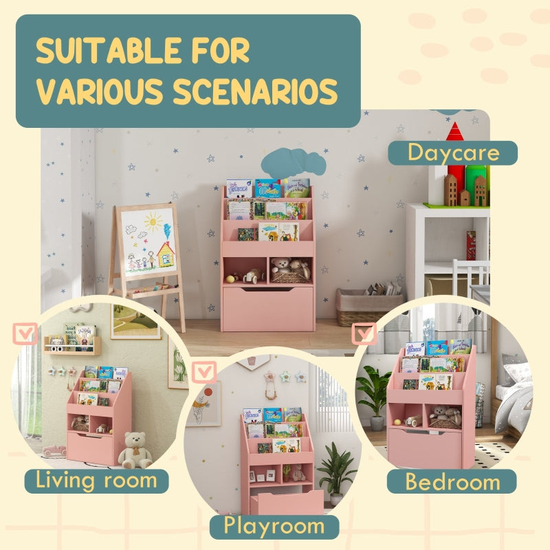 Kids Bookshelf Toy Organiser Storage Drawer Wheels - Pink