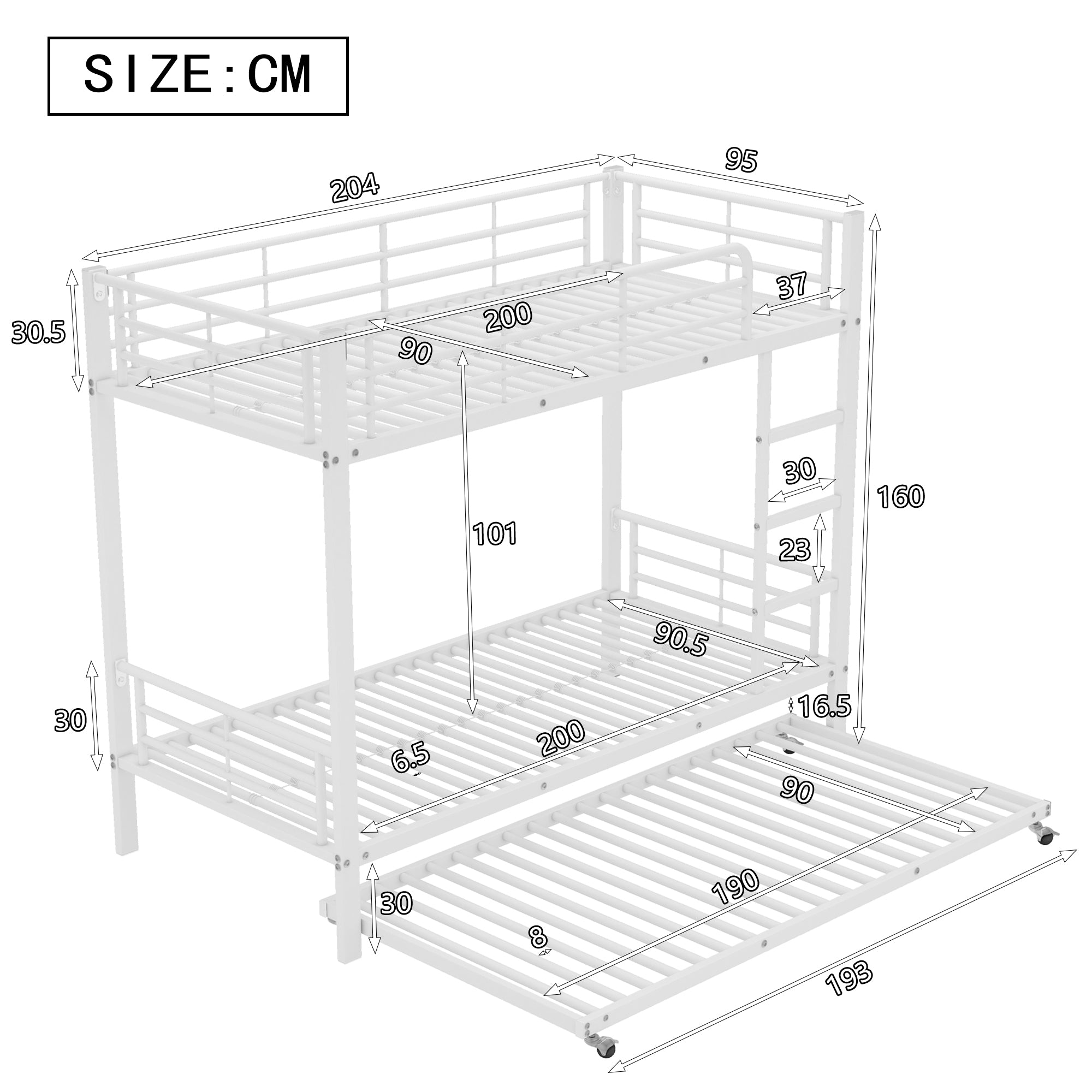 Iron Bunk Bed, Pull-out Bed, Side Rails, 90x200cm & 90x190cm, White
