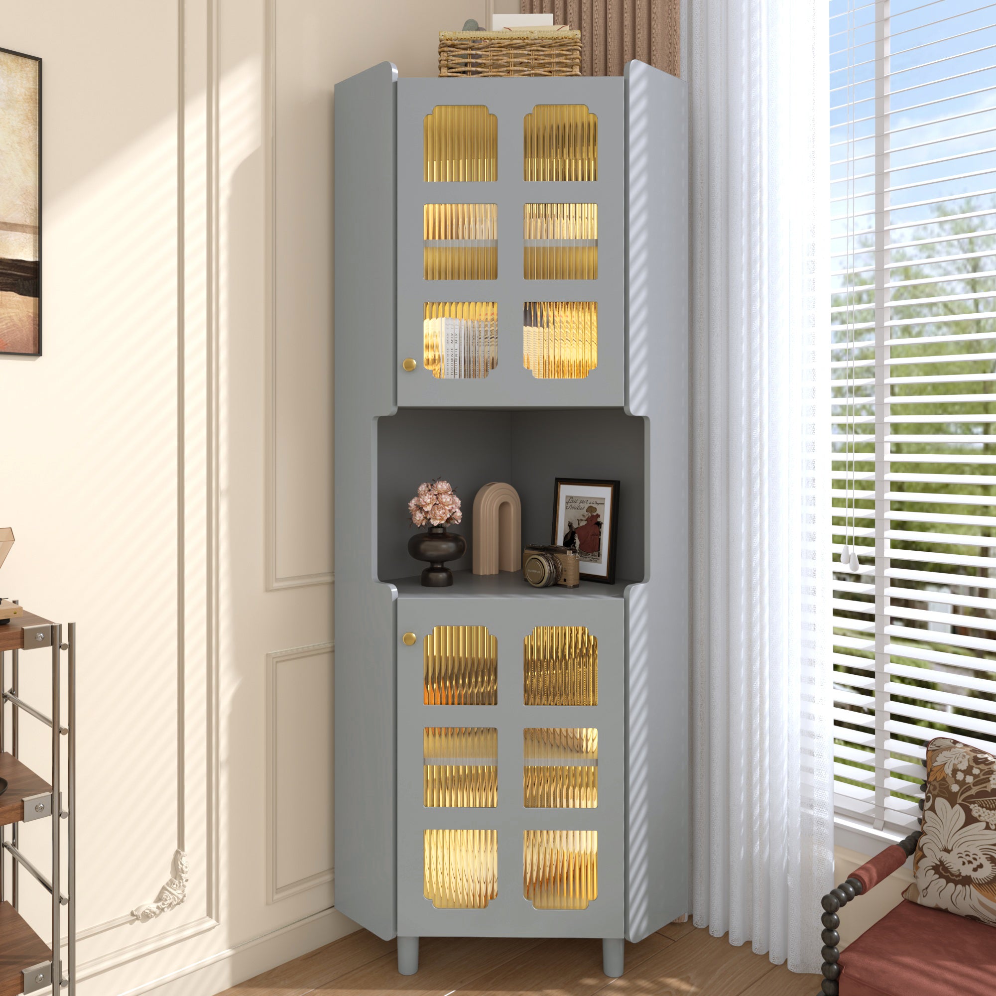 Corner Cabinet Multifunctional Storage LED Lacquer - Grey