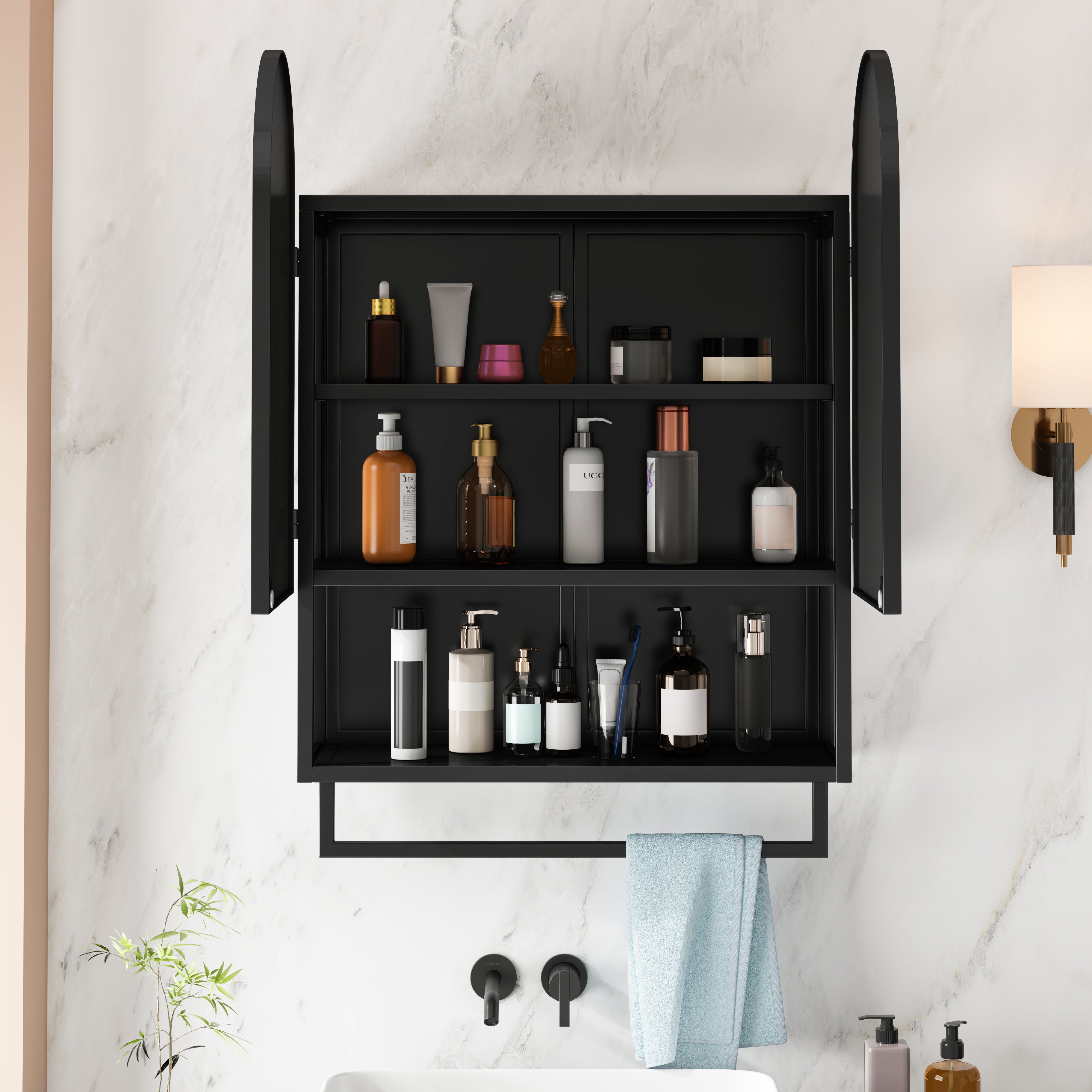 Mirror Cabinet 60CM Double-Arched 2 Doors Open Shelf Metal Black