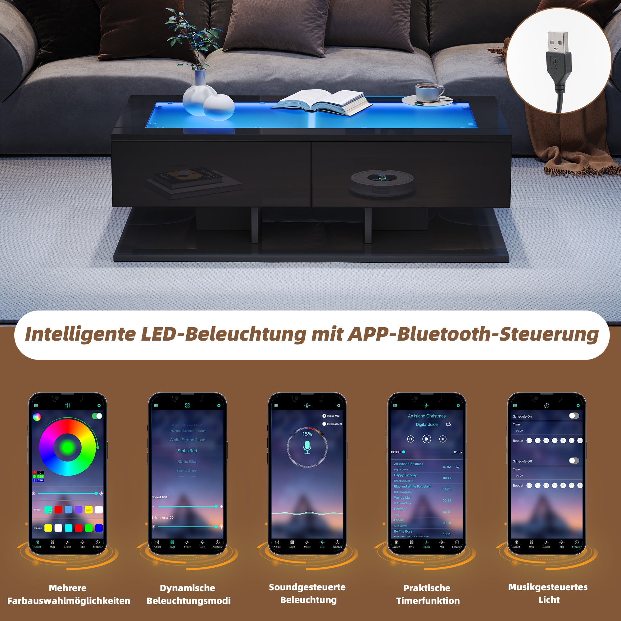 Coffee Table with Drawers, LED Light, Glass Top, Black