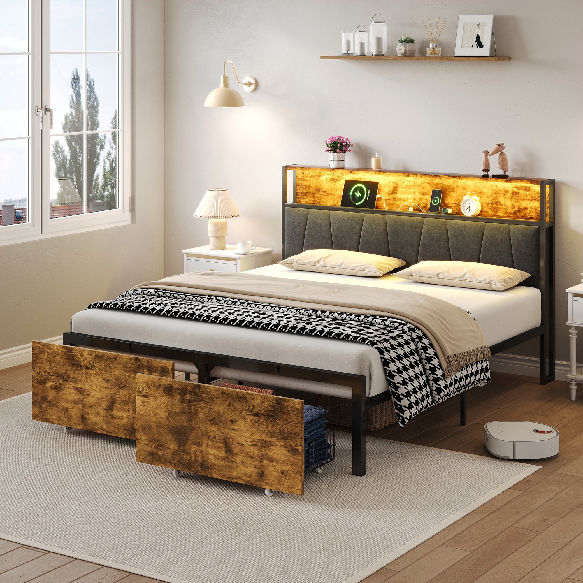 4ft6 Double Bed Frame with 2 Storage Drawers, RGB LED Storage Headboard & Charging Station, Black+Walnut