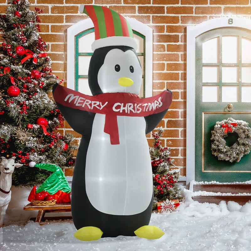 Inflatable Penguin & Christmas Banner, 8ft, LED Lights, Weather-Resistant Shell