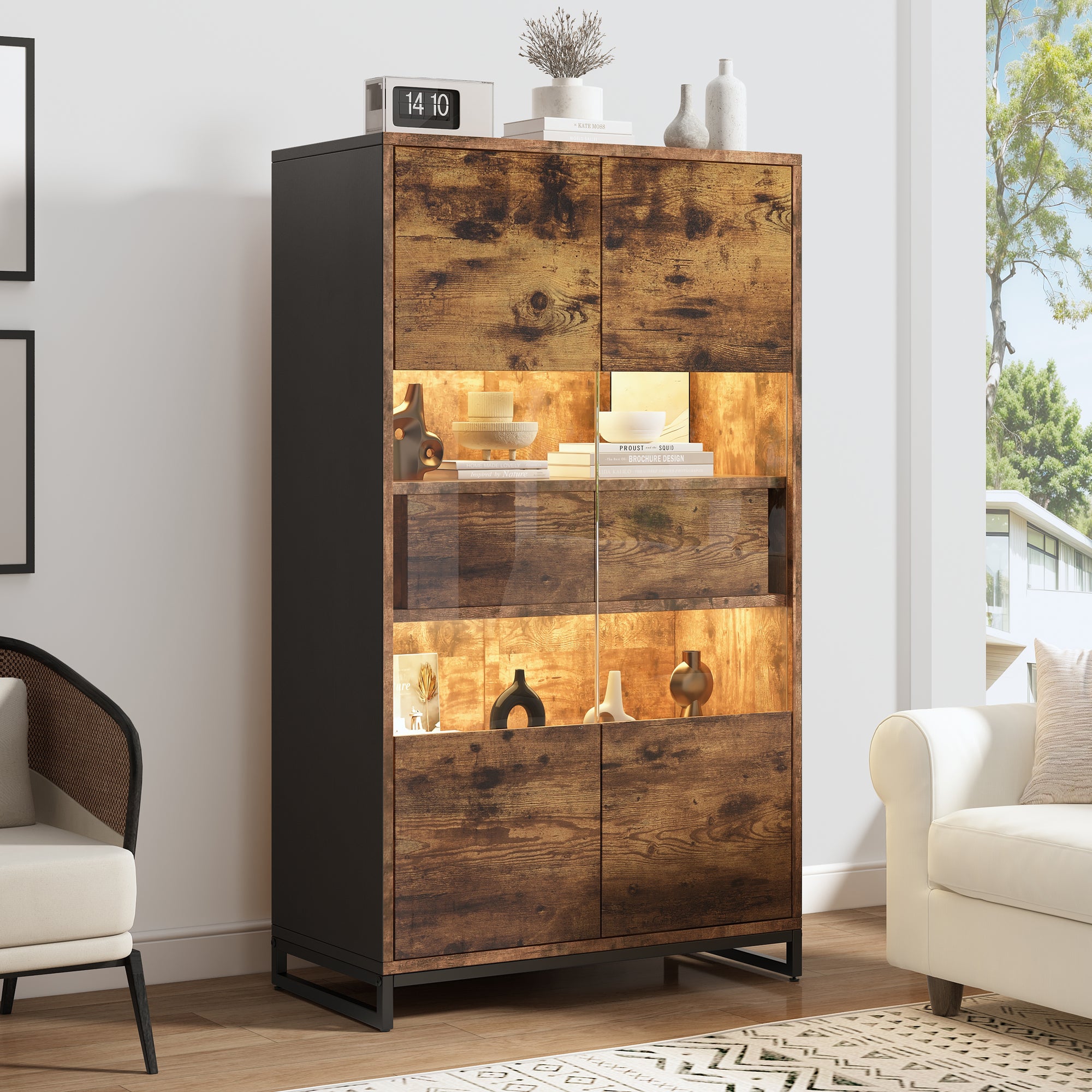 Display Cabinet LED Lighting Storage 2 Drawers Highboard, Black + Wood Grain