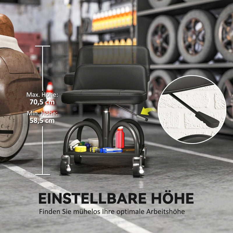 Workshop Stool with Wheels, Storage & Lumbar Support, 135 kg Load Capacity, Black