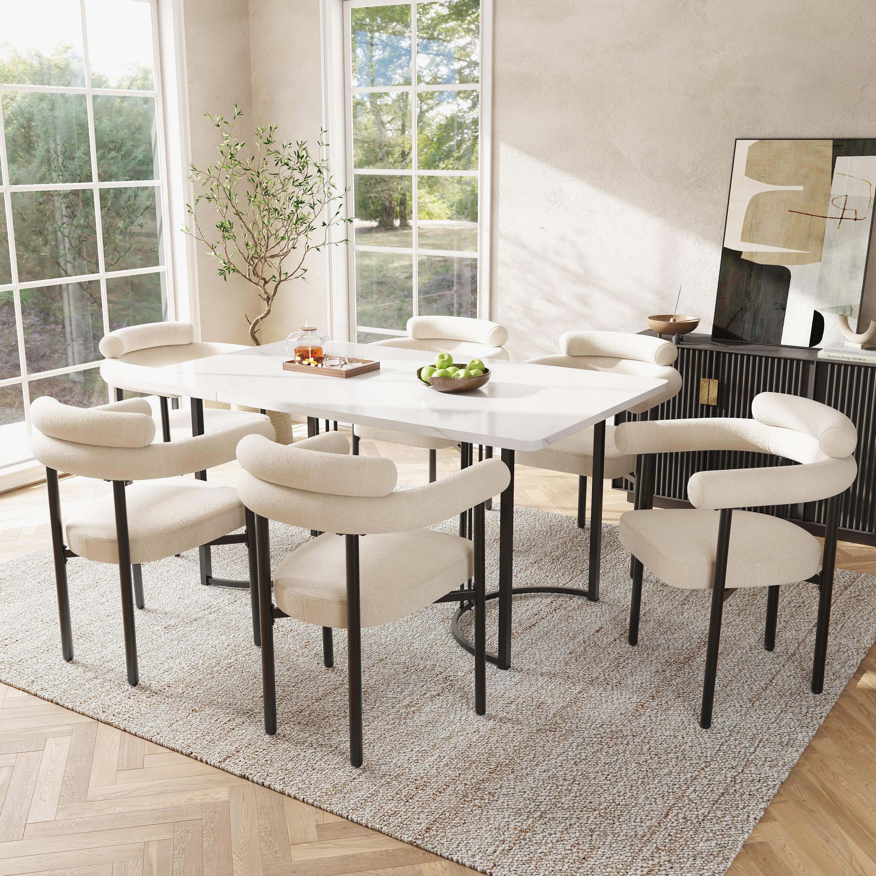 Dining Table and Chair Set 7-Piece Metal Legs 6 Armchairs Suede Cream