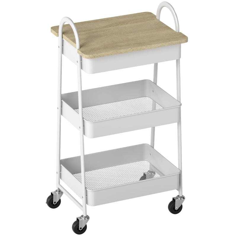 3-Tier Kitchen Storage Trolley, On Wheels Covered Top Board, White and Oak