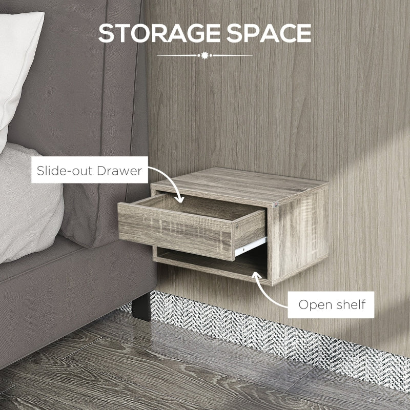 Set of Two Floating Bedside Tables Wall Mounted Nightstands with Drawer and Shelf, Brown Wood-Effect