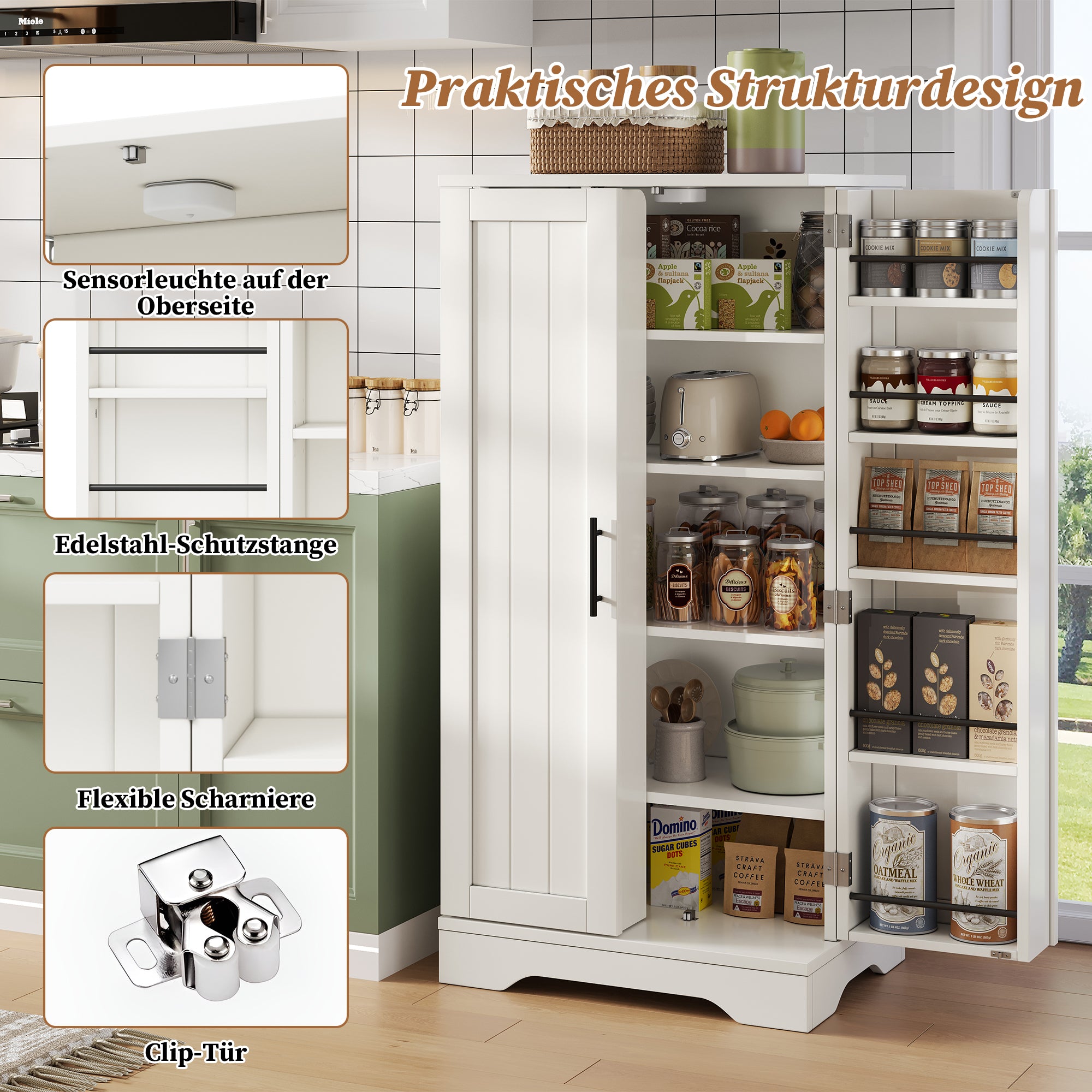 Kitchen Cabinet with LED Sensor Light and Adjustable Shelves, White