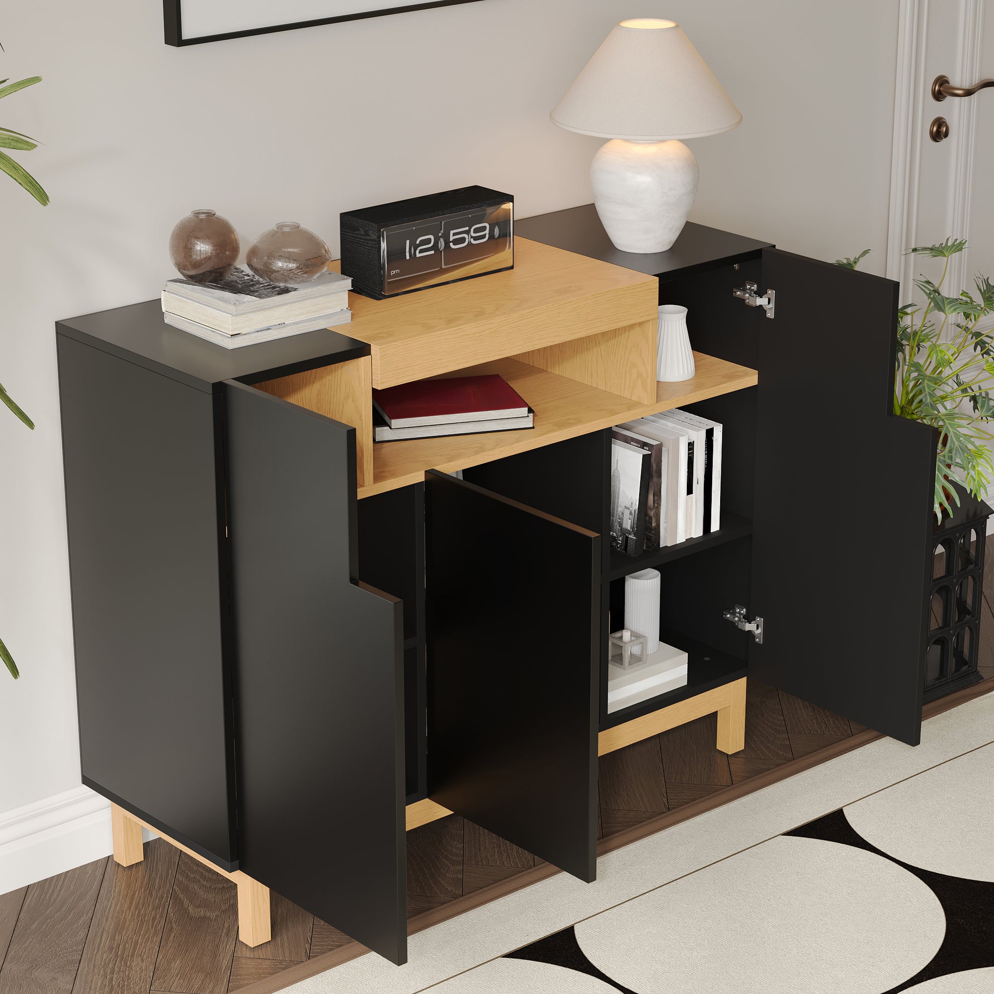 Sideboard with 3 Doors and Open Compartment, Black and Wood Finish