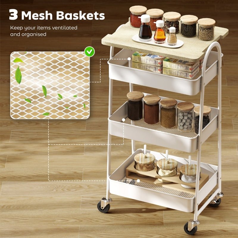 3-Tier Kitchen Storage Trolley, On Wheels Covered Top Board, White and Oak