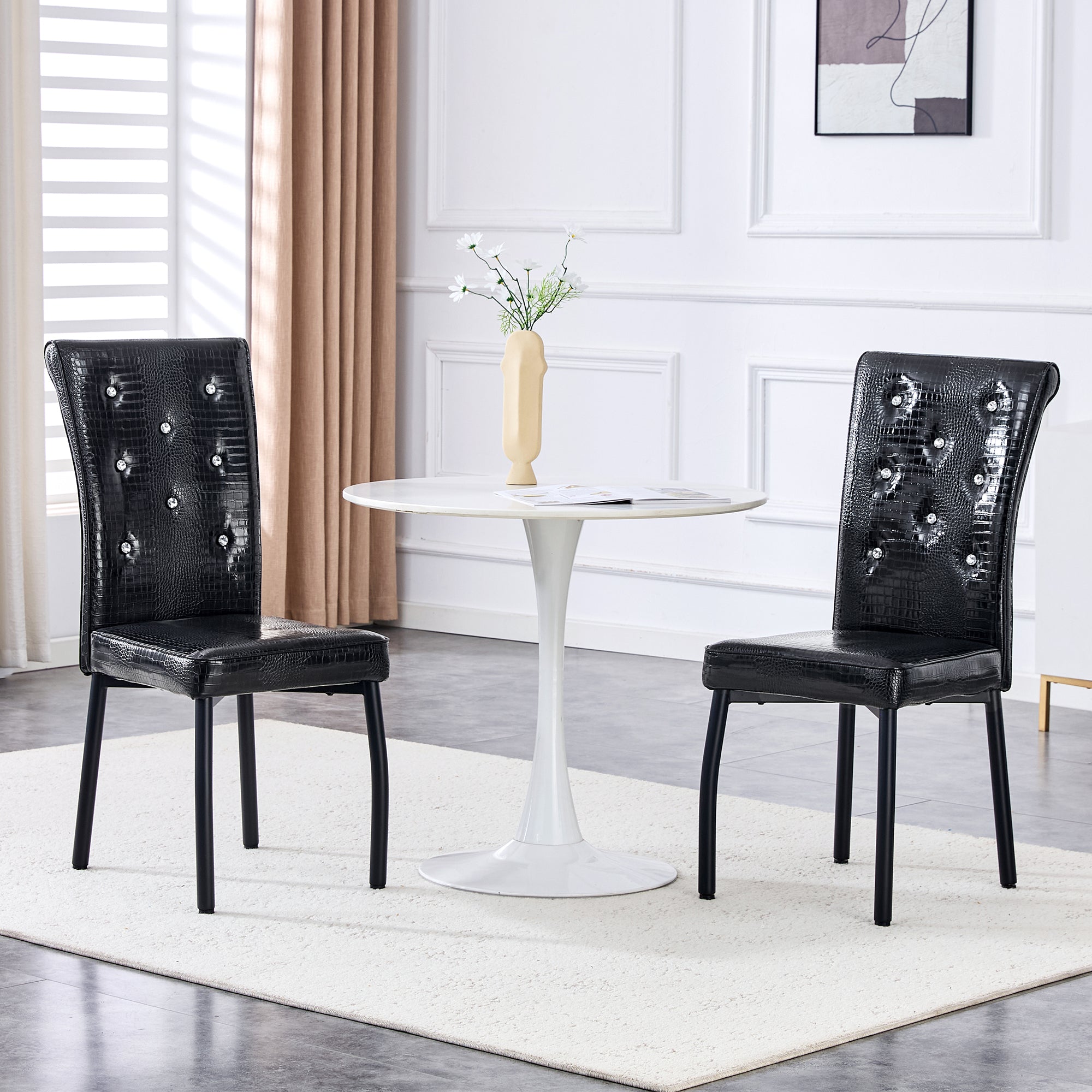 2 Dining Chairs Vintage Crocodile Faux Leather Crystal Clasp - Black
