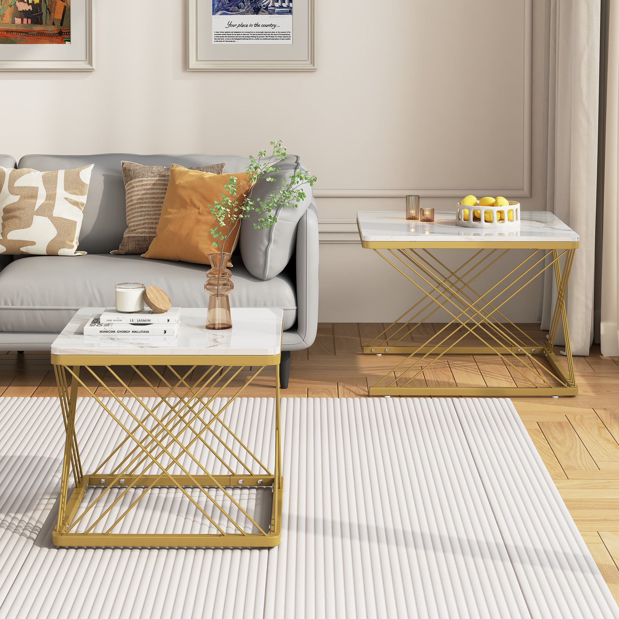 Stylish 2-Piece Coffee Table Set, Square, Adjustable, High-Gloss Marble Look