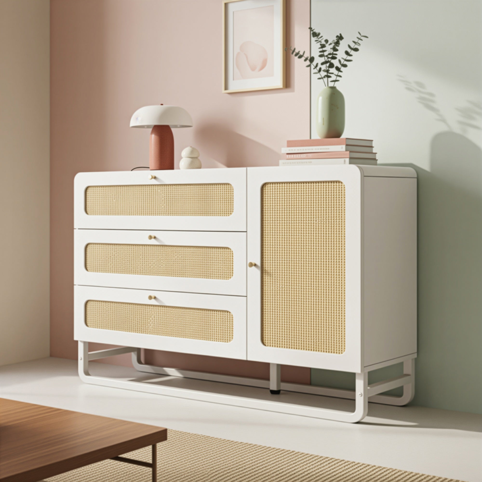 Chest of Drawers with Rattan & Gold Handles, 3 Drawers 1 Door, White Country Style