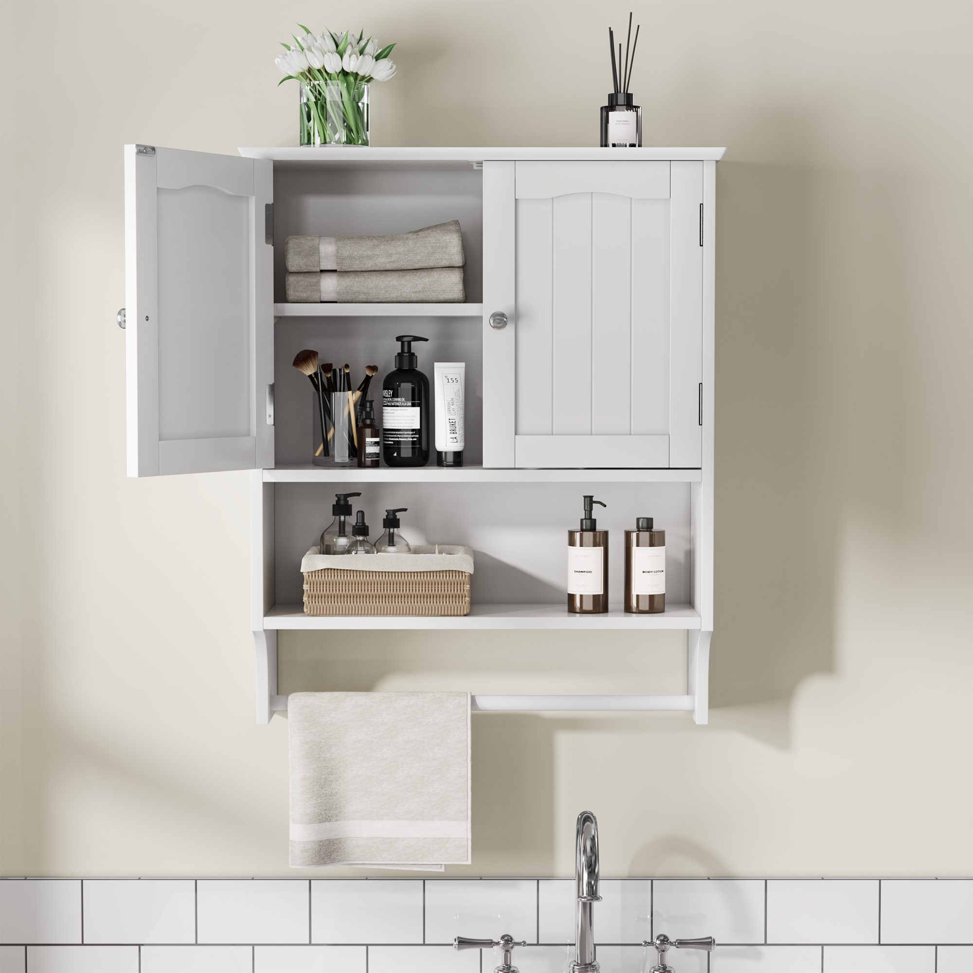Bathroom Cabinet, Wall-Mounted Towel Rack & 2 Adjustable Shelves, White
