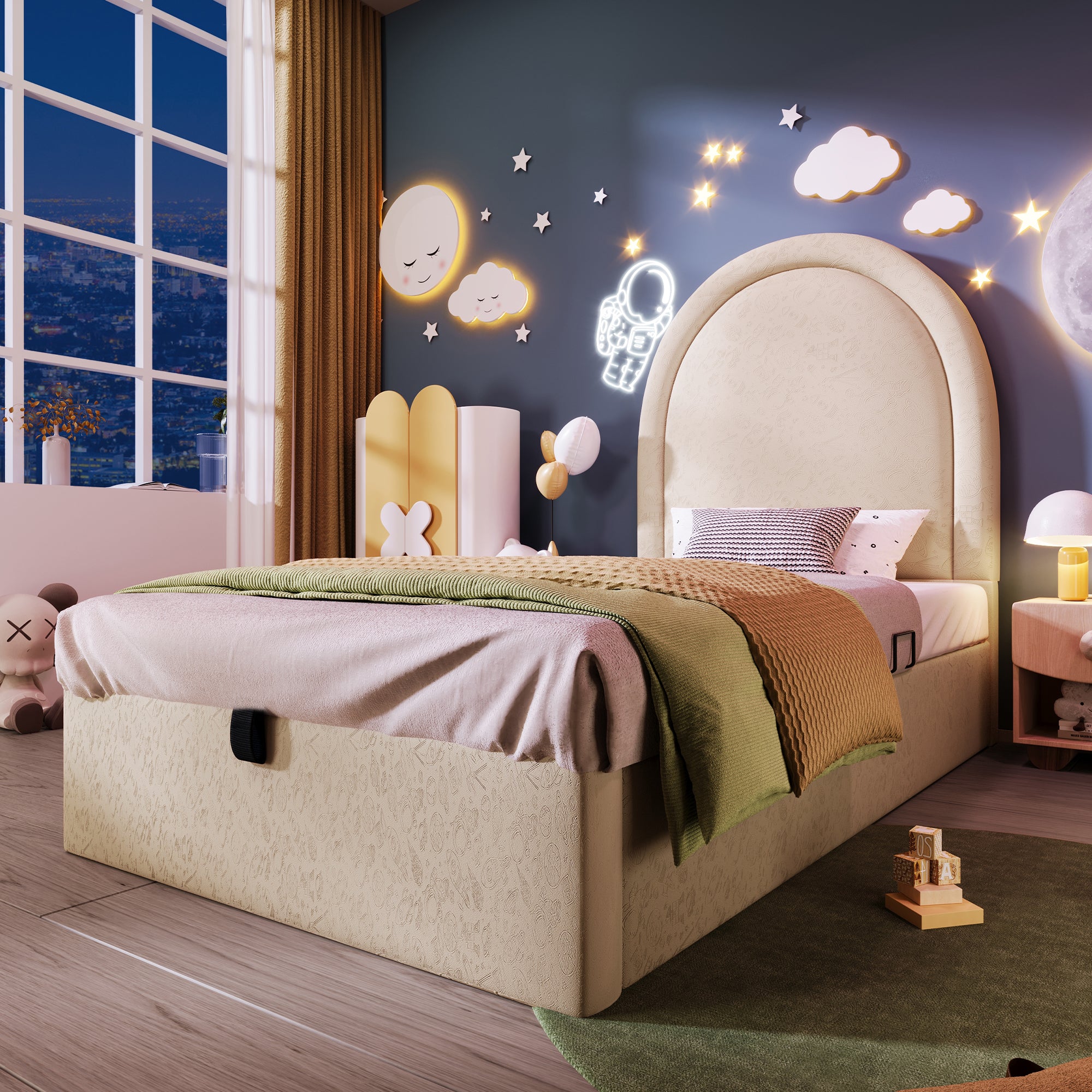 Upholstered Children's Bed, Single with Cosmic Pattern, Beige PU