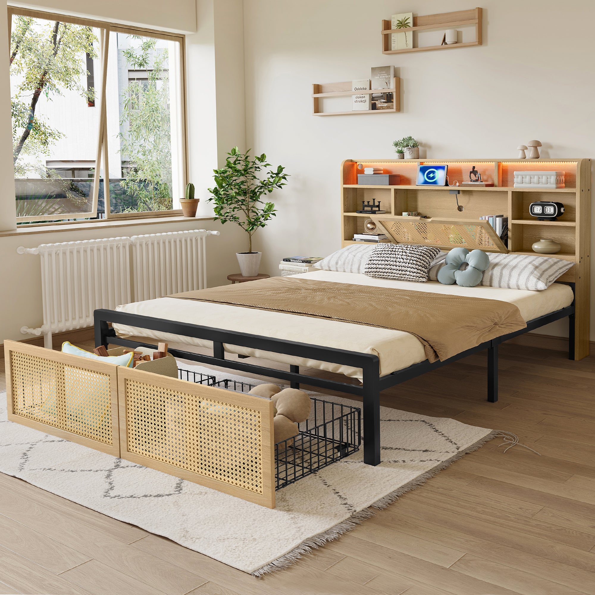 Wooden Bed, Charging Port, LED Strip Light, 4ft6 Double, Wood Colour