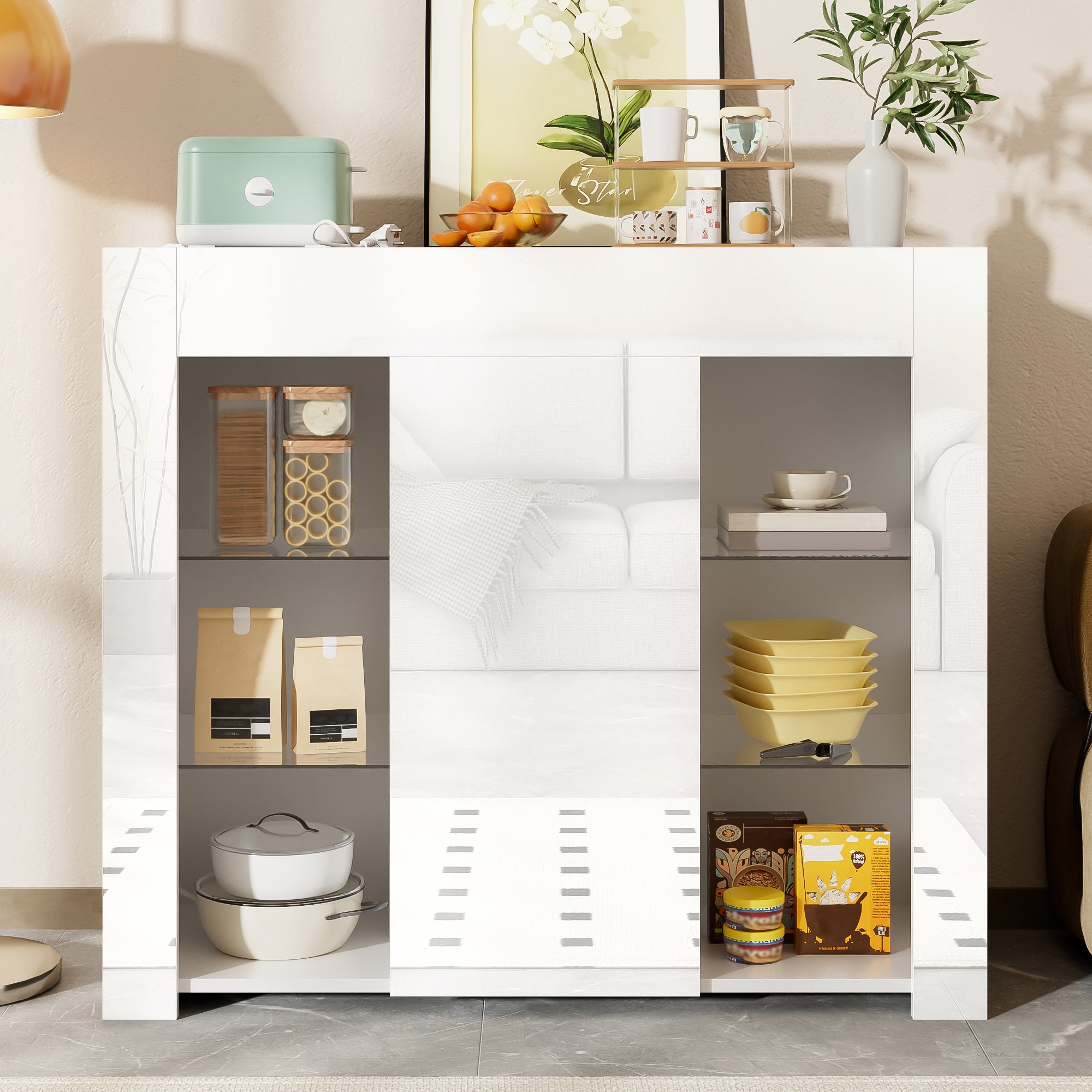 Modern Buffet with Glass Shelves & Cabinet Door, White