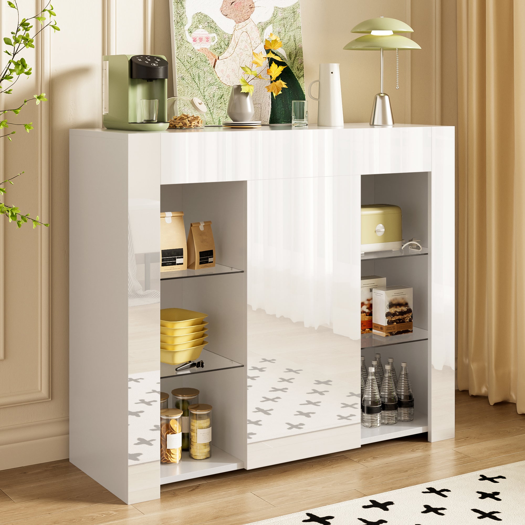 Modern Buffet with Glass Shelves & Cabinet Door, White