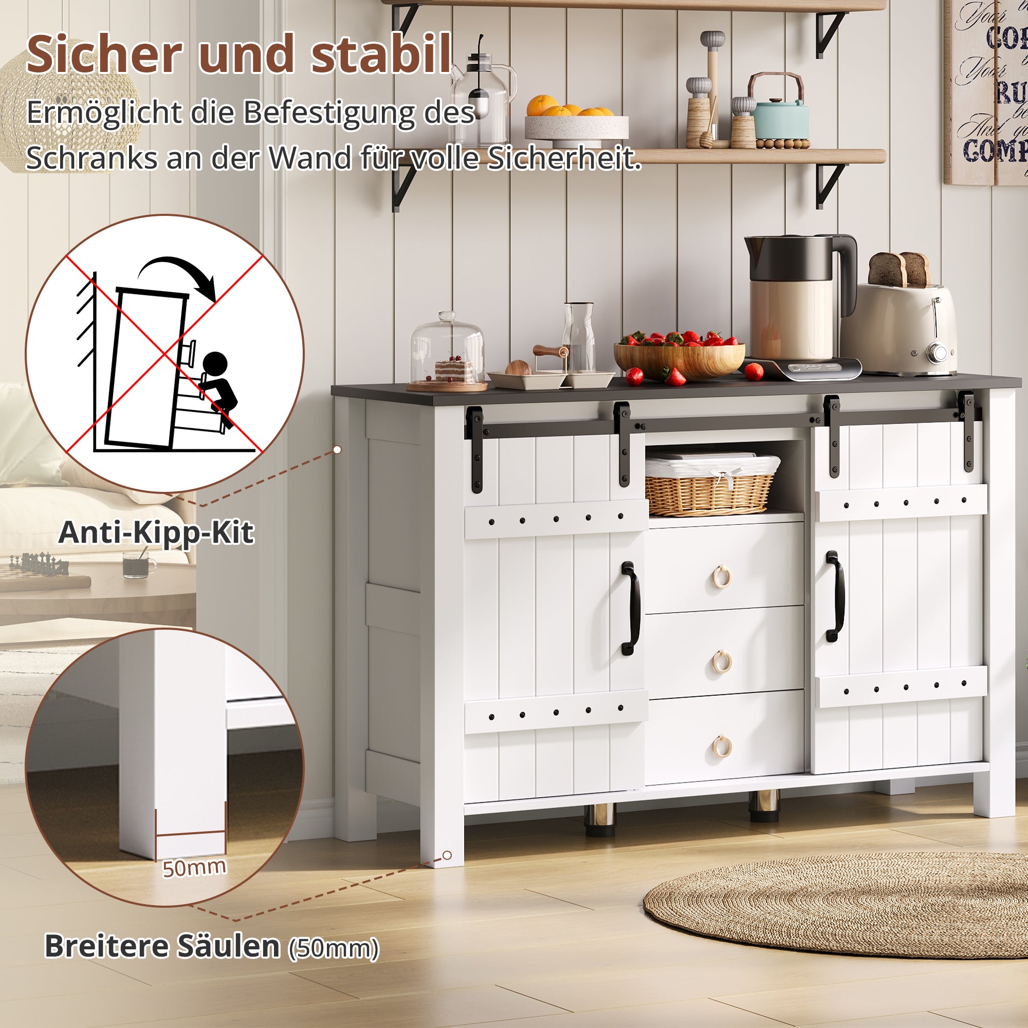 Sideboard Buffet 120cm Sliding Doors 3 Drawers - Rustic White