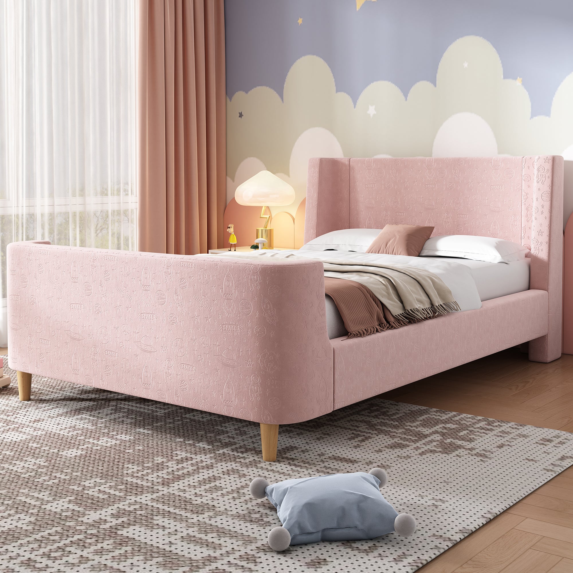Children's Bed Upholstered Sleigh Bed, Cosmic Pattern, 90x200cm, Pink Velvet