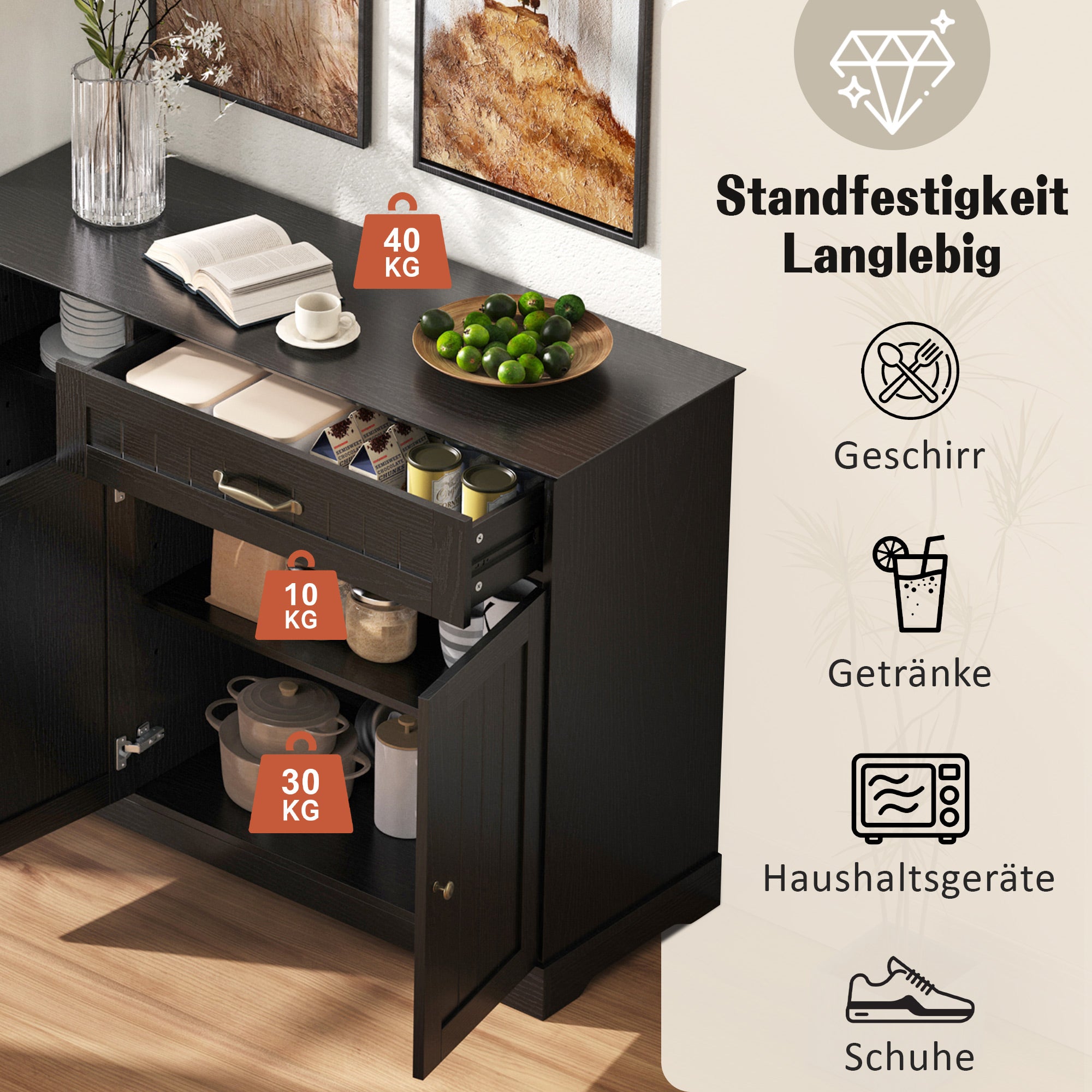 Sideboard Modern Elegant 3 Doors 1 Drawer - Black