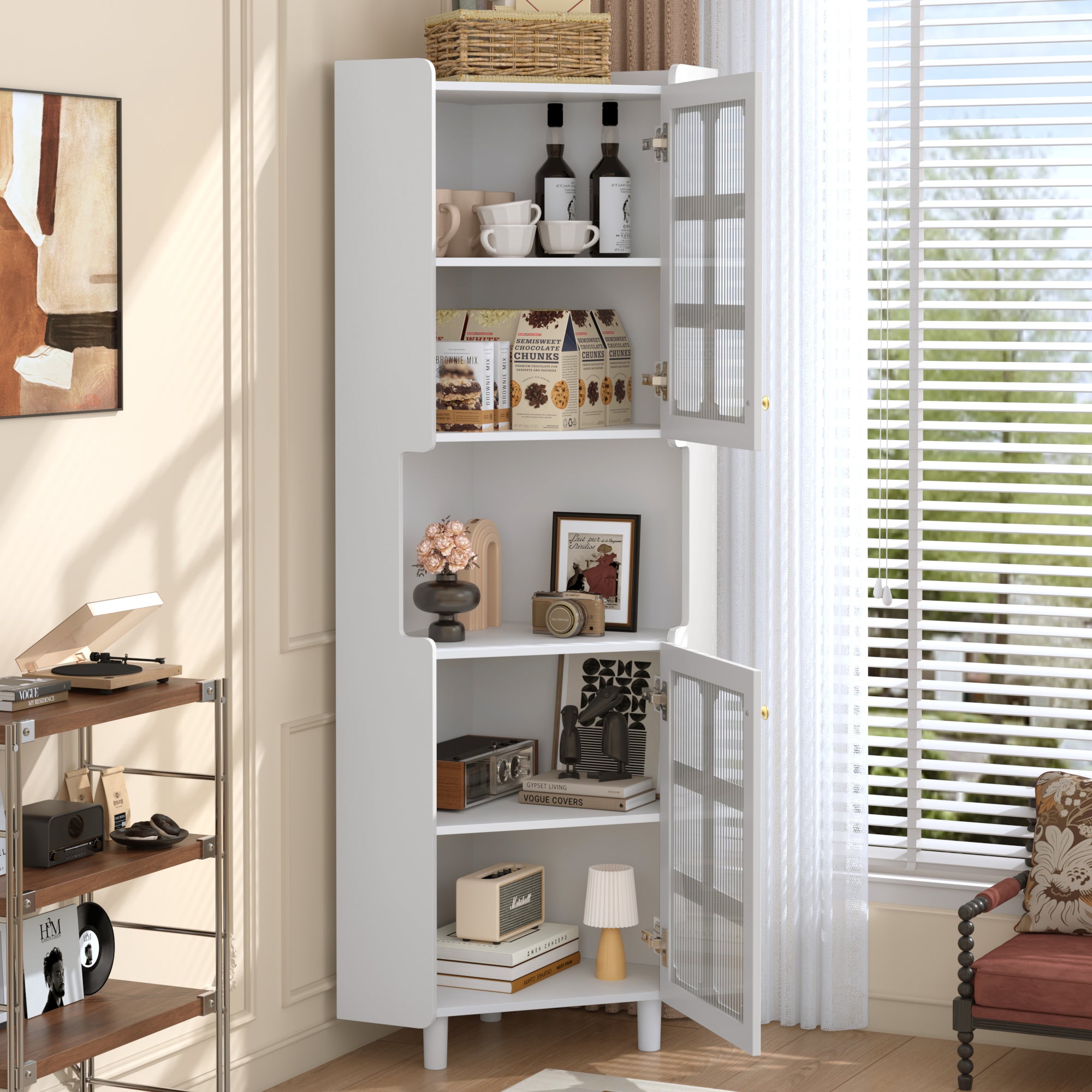 Corner Cabinet LED Multifunctional Storage - White Lacquer Finish