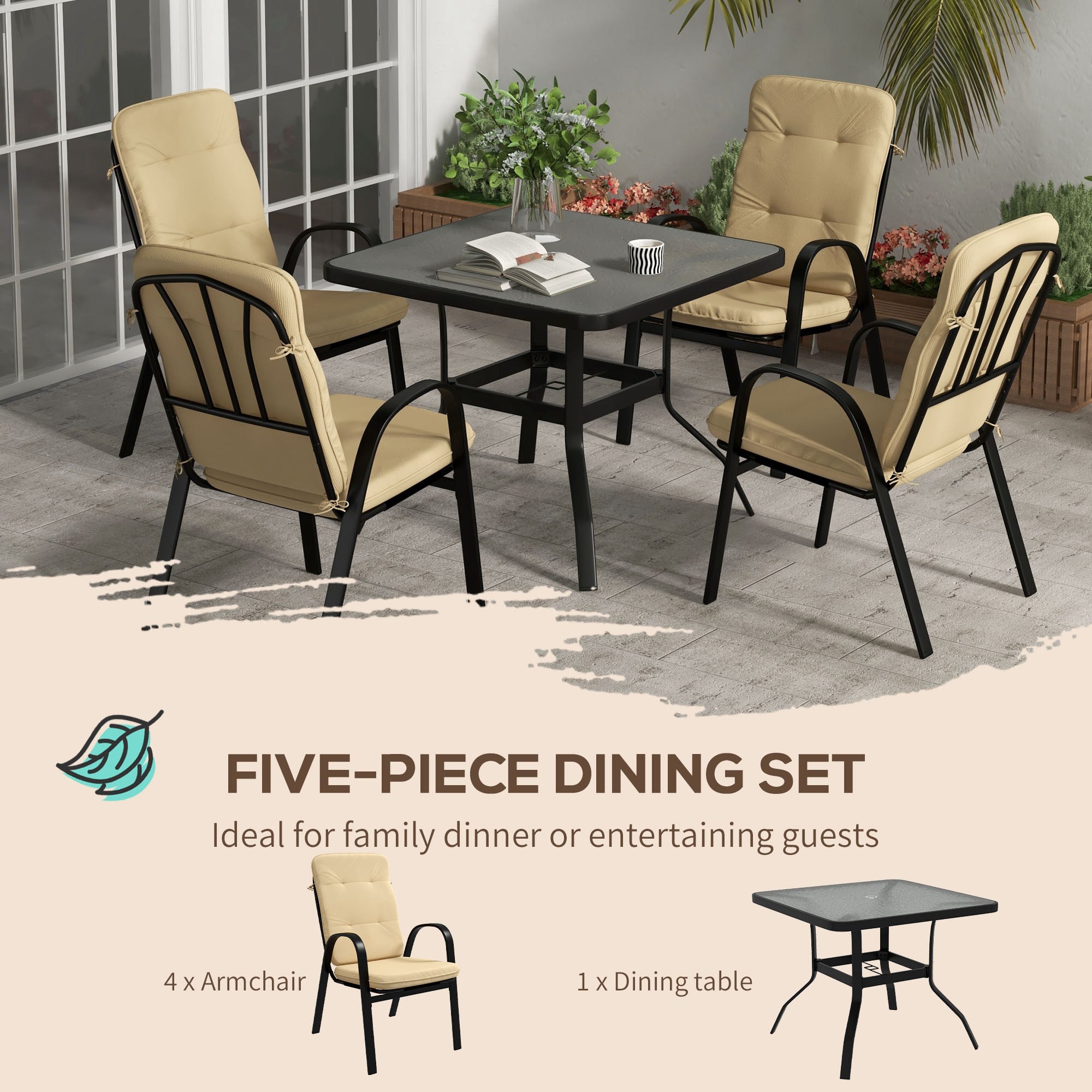5 Piece Outdoor Square Dining Set with Tempered Glass Table and 4 Cushioned Chairs, Beige