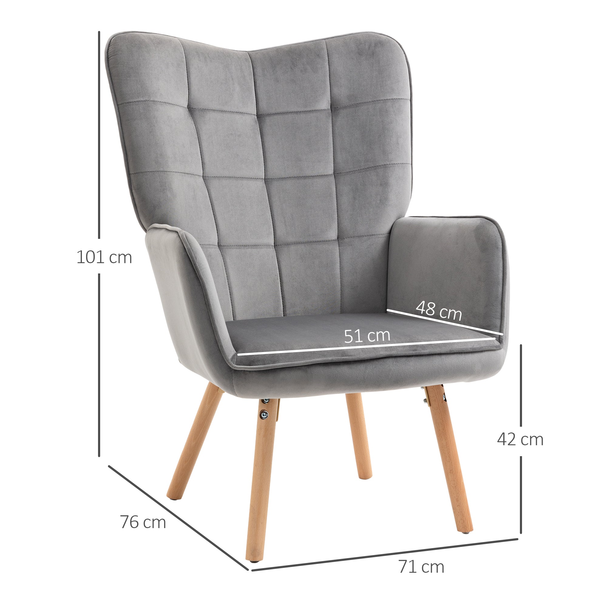 Modern Accent Chair, Tufted Wingback Armchair with Wood Legs, Grey Velvet
