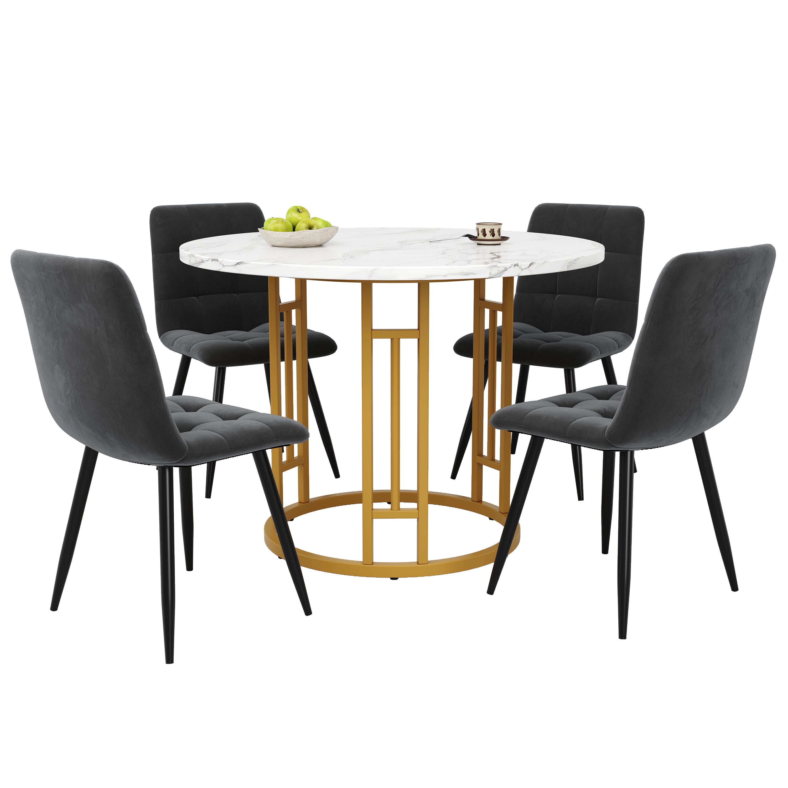 Dining Table Set, 5-Piece Round with 4 Chairs, Gold Metal Legs, Grey MDF Marble