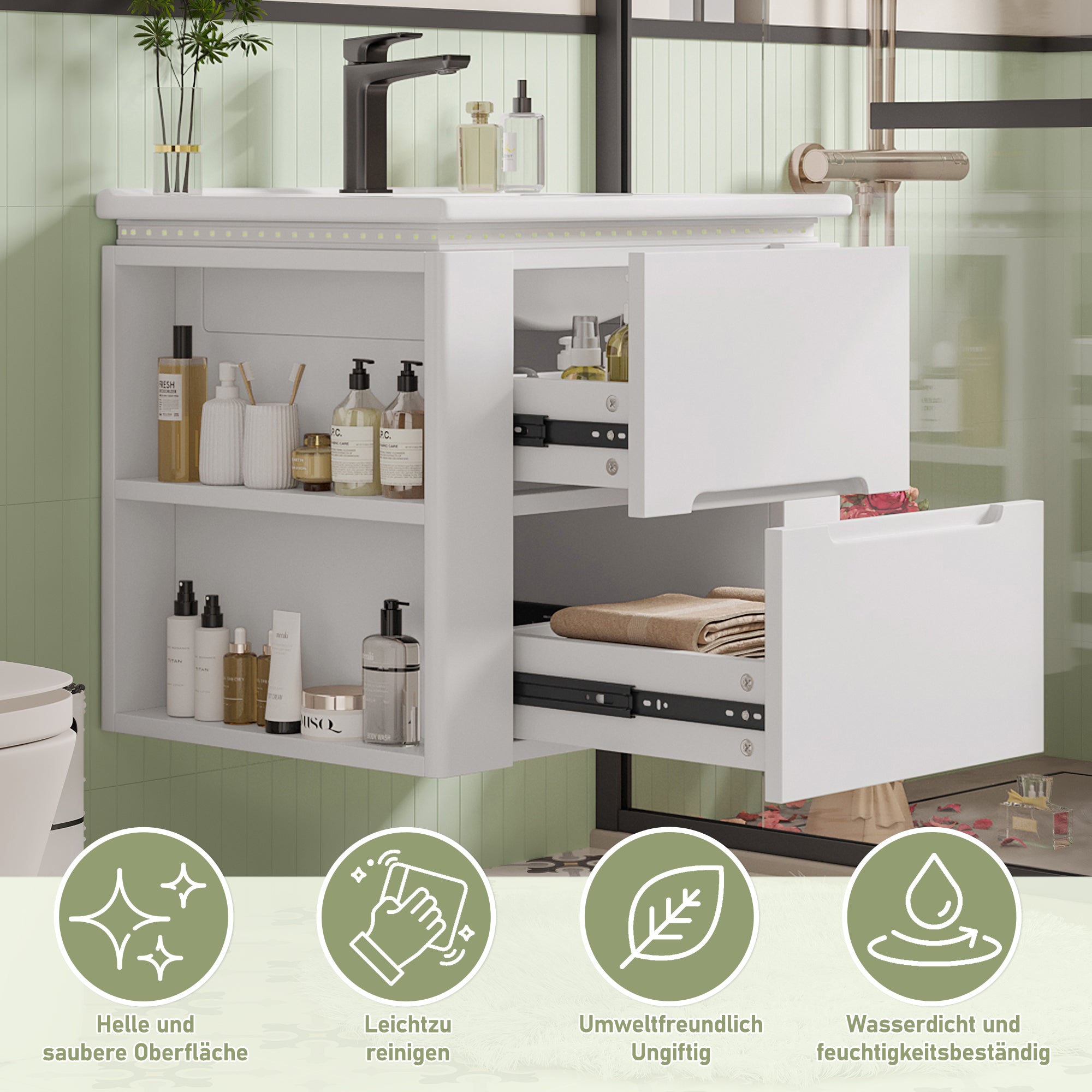Wall-Mounted Bathroom Cabinet with LED Sensor Lighting and Integrated Sink, White