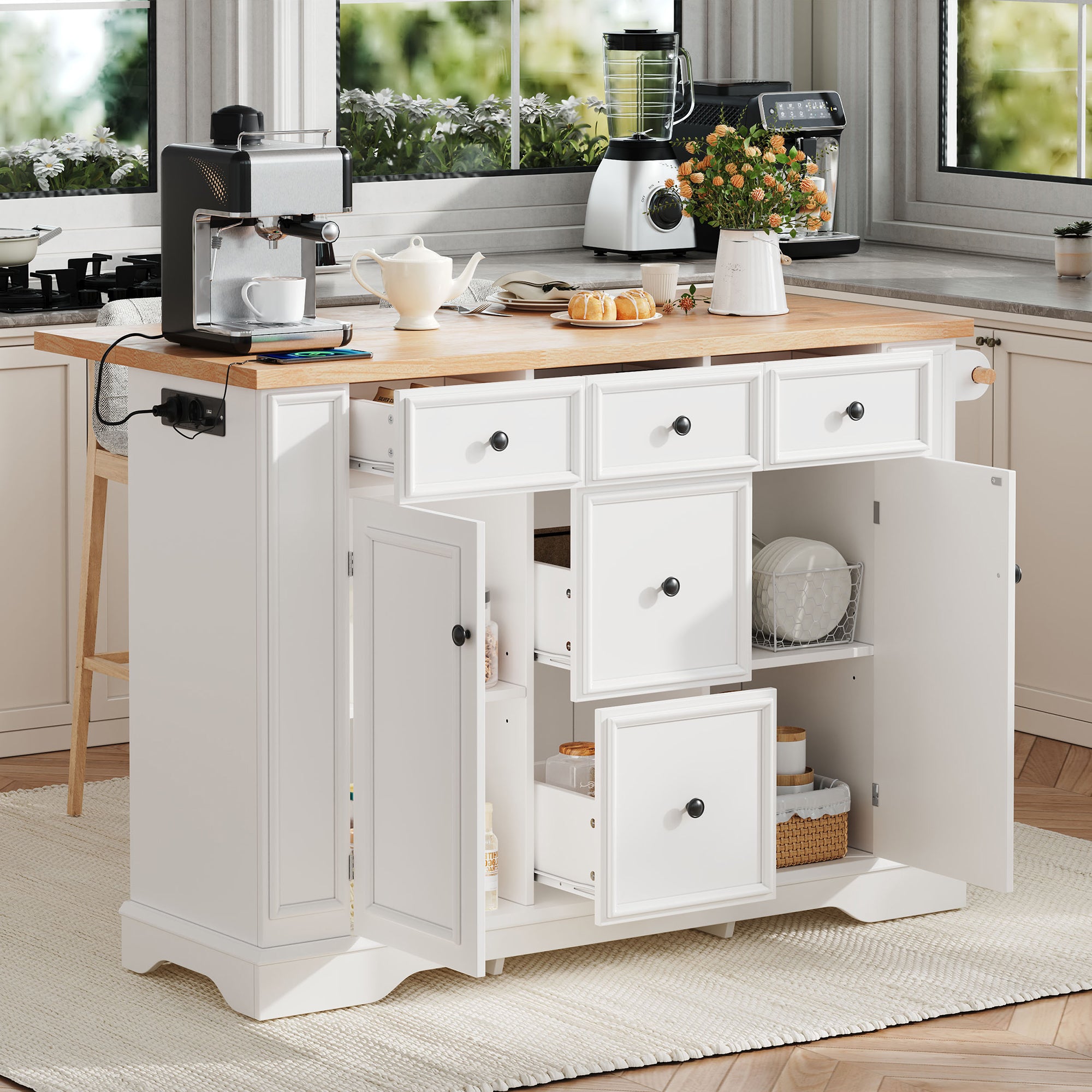 Extendable Kitchen Island with Drawers, Shelves & Power Strips - White
