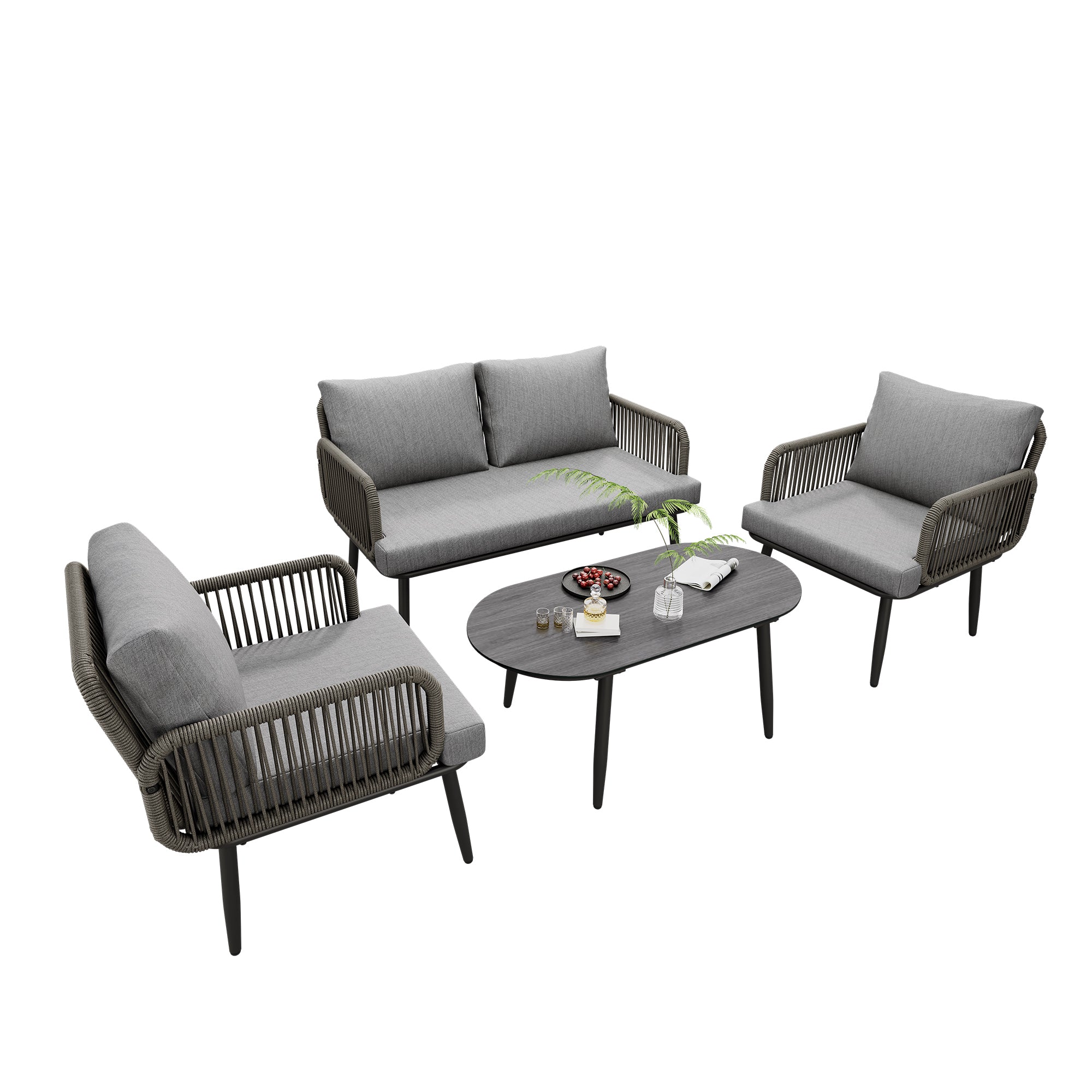 Garden Furniture Set with Sofa, Armchairs, and Coffee Table, Grey Steel and Rope
