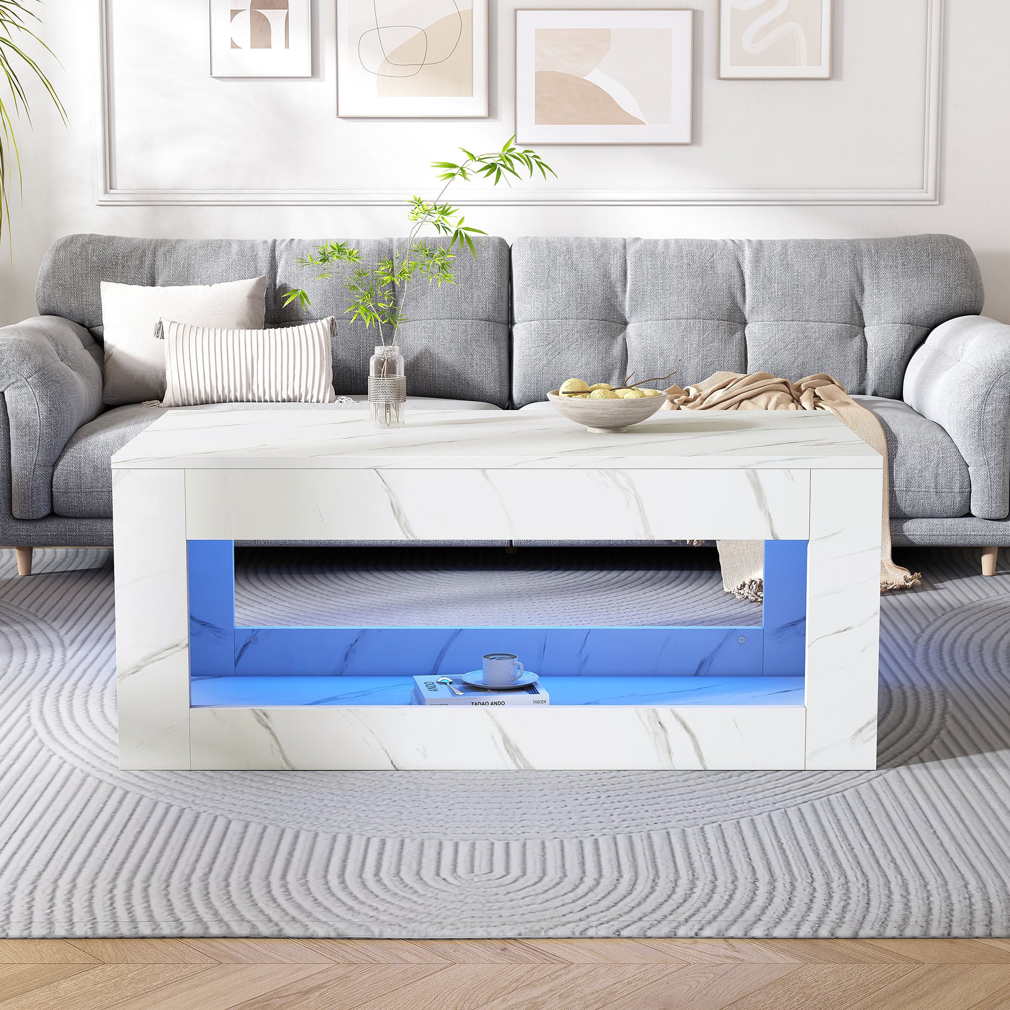 LED Coffee Table High-Gloss Remote Control Marble Print - White