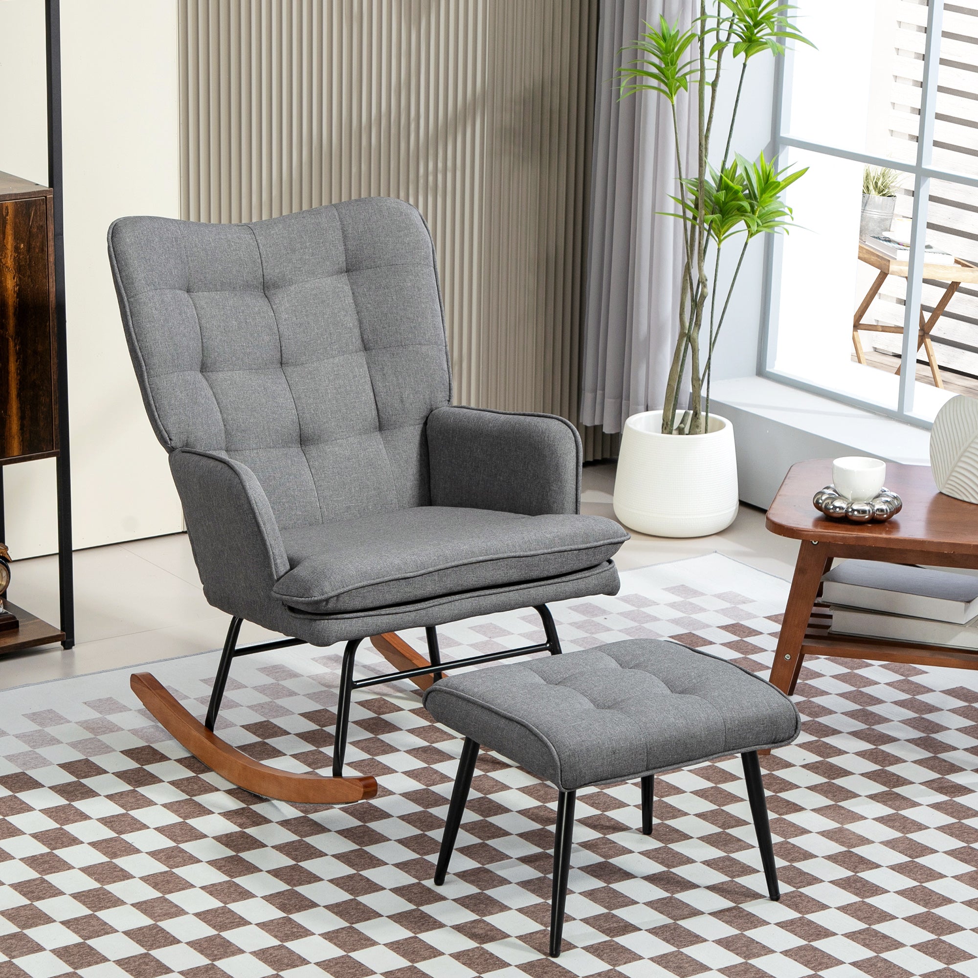 Rocking Chair with Footstool, 130kg Capacity Armrests Recliner, Linen Look