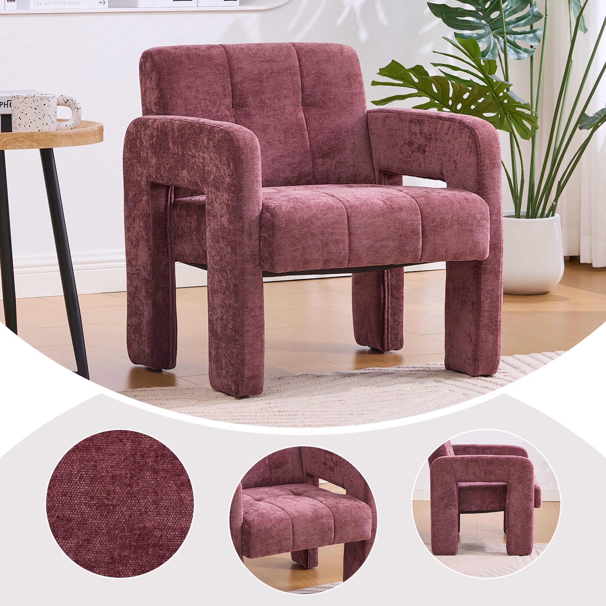 Modern Minimalist Single Armchair, Upholstered Comfortable Padded Seat, Chenille