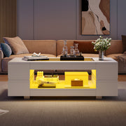 Hollow Coffee Table with Open Storage LED High Gloss Glass Top, White MDF+Glass