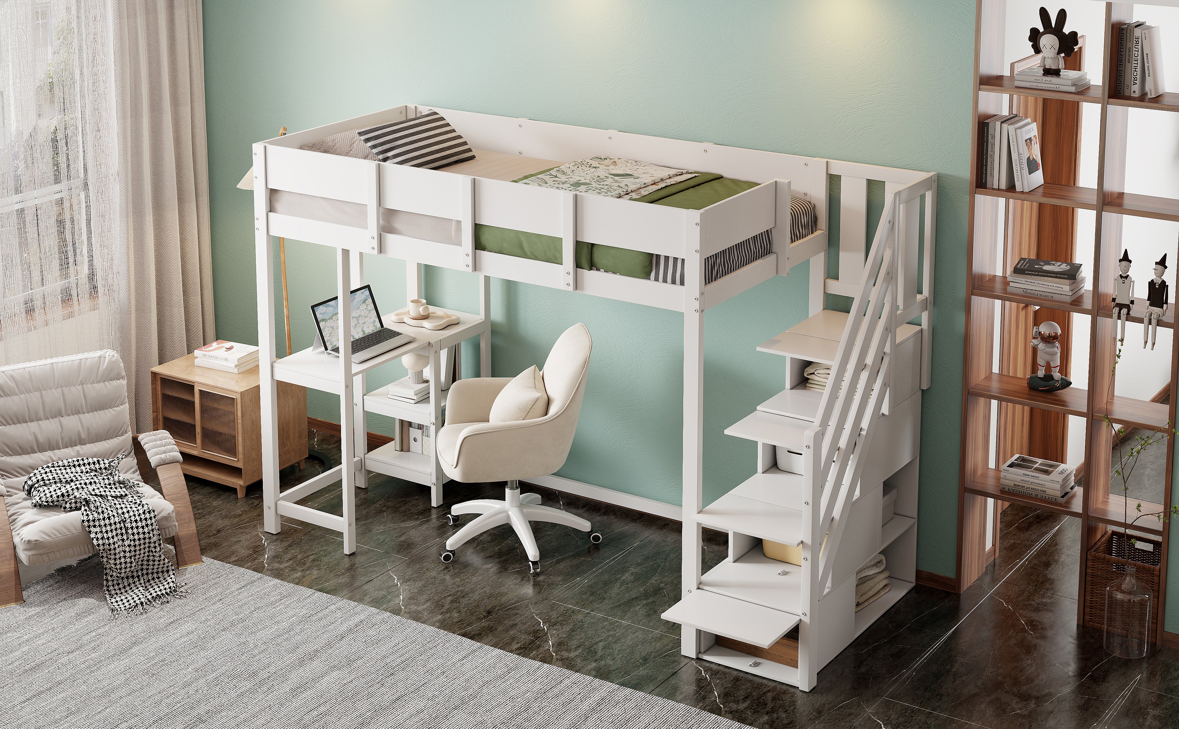 Bunk Bed, Multifunctional Loft with Storage & Shelf, Pine Wood, White