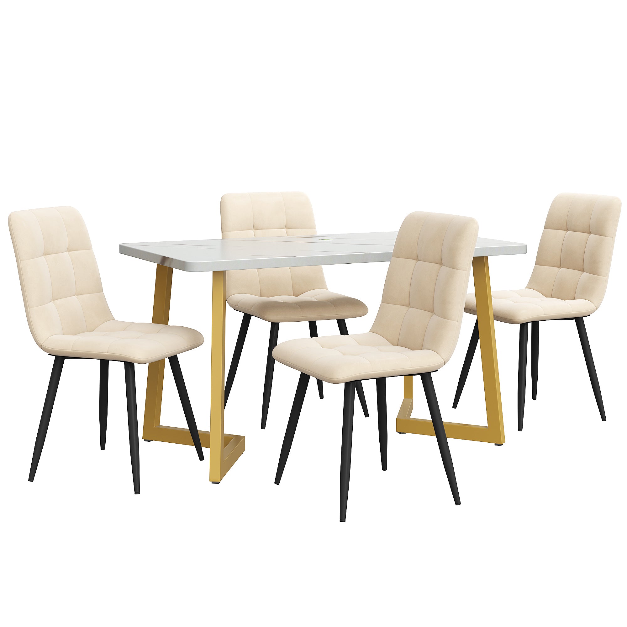 Dining Table Set, 117cm Rectangular with 4 Chairs, Beige Velvet & Golden Legs