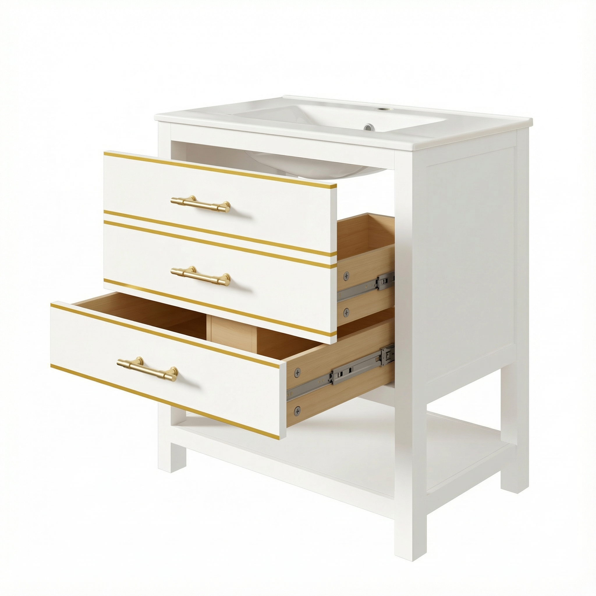 Bathroom Vanity Unit with Ceramic Basin and 2 Drawers, White and Gold